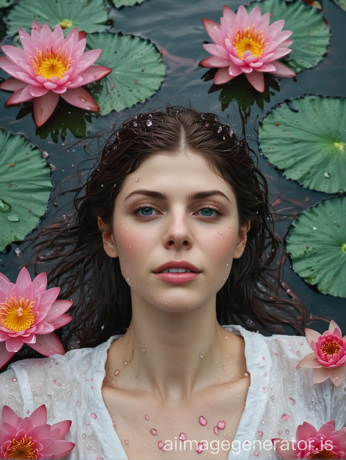 haflbody view, alexandra daddario face, woman's face wet, woman hair in turquoise color, woman lying in waterpond, surrounded by a big pink water lily flowers, woman wearing white nightgown, water lilies are heavily covered in dewdrops