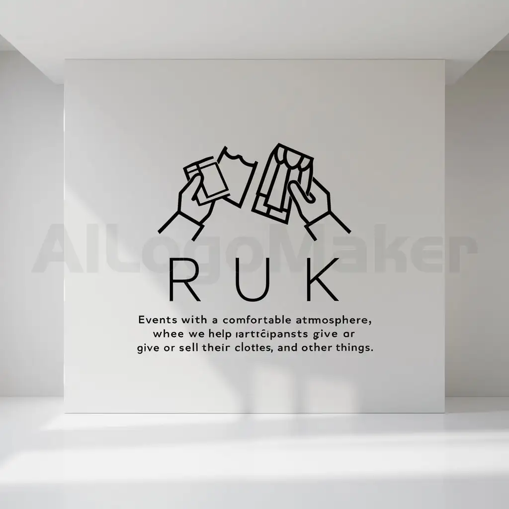 a logo design,with the text "Events with a comfortable atmosphere, where we help participants to give or sell their clothes, books and other things. They are in good condition, but have gathered dust at the participants' homes: they are not used, worn, and lie idle.", main symbol:Ruki,Minimalistic,be used in Events industry,clear background