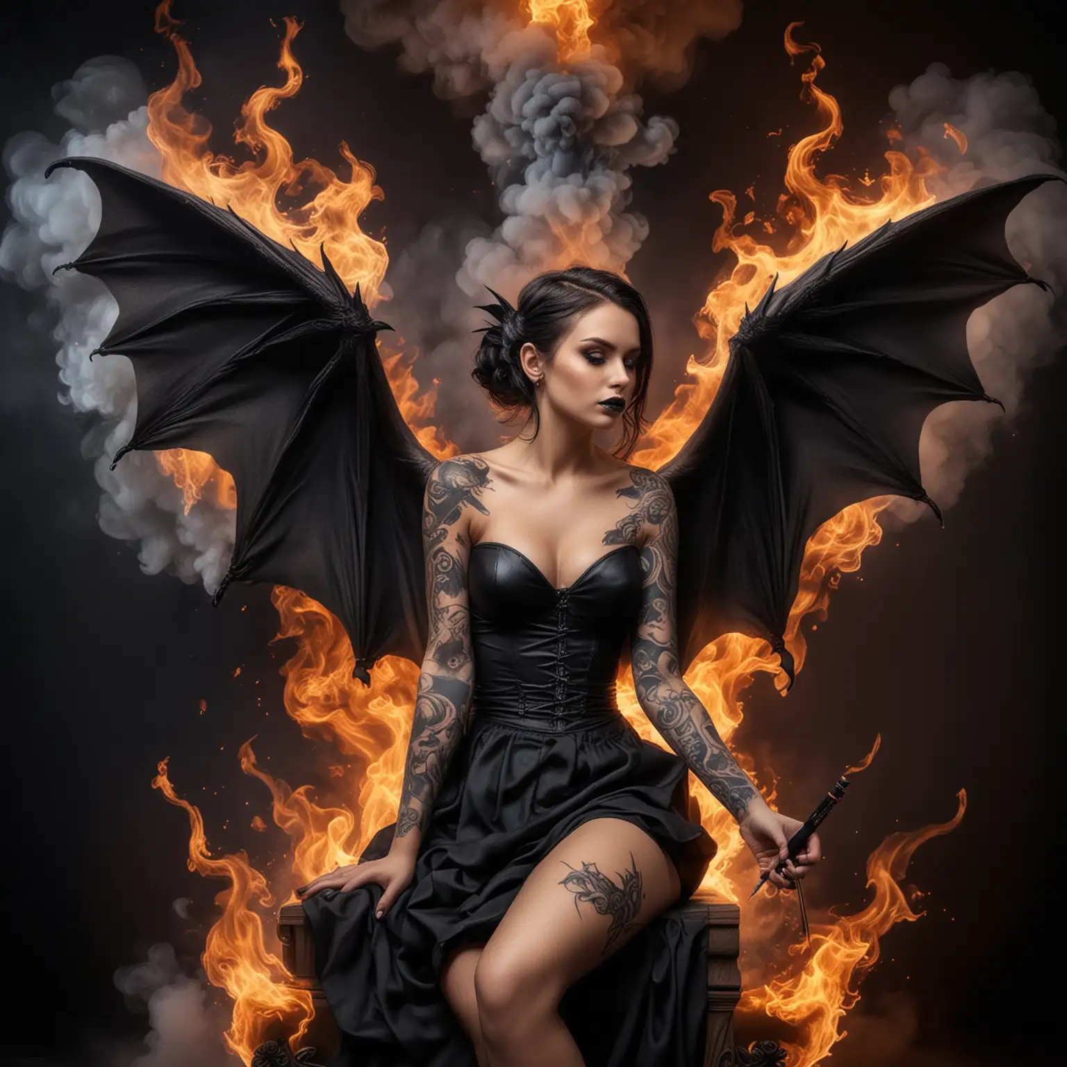 hyper realistic photography
a beautiful tattooed angel, She is a tattoo artist and wearing a black  dress while she has black bat wings, seated on cloud of smoke and flames While hold tattoo pen in her hand and present her latest works
good rendering 