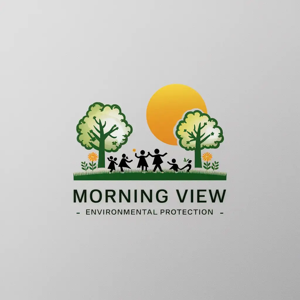 a logo design,with the text "Morning View Environmental Protection", main symbol:family and pets playing on the grass lawn surrounded by trees and flowers, with a big sun as the background.,Minimalistic,clear background