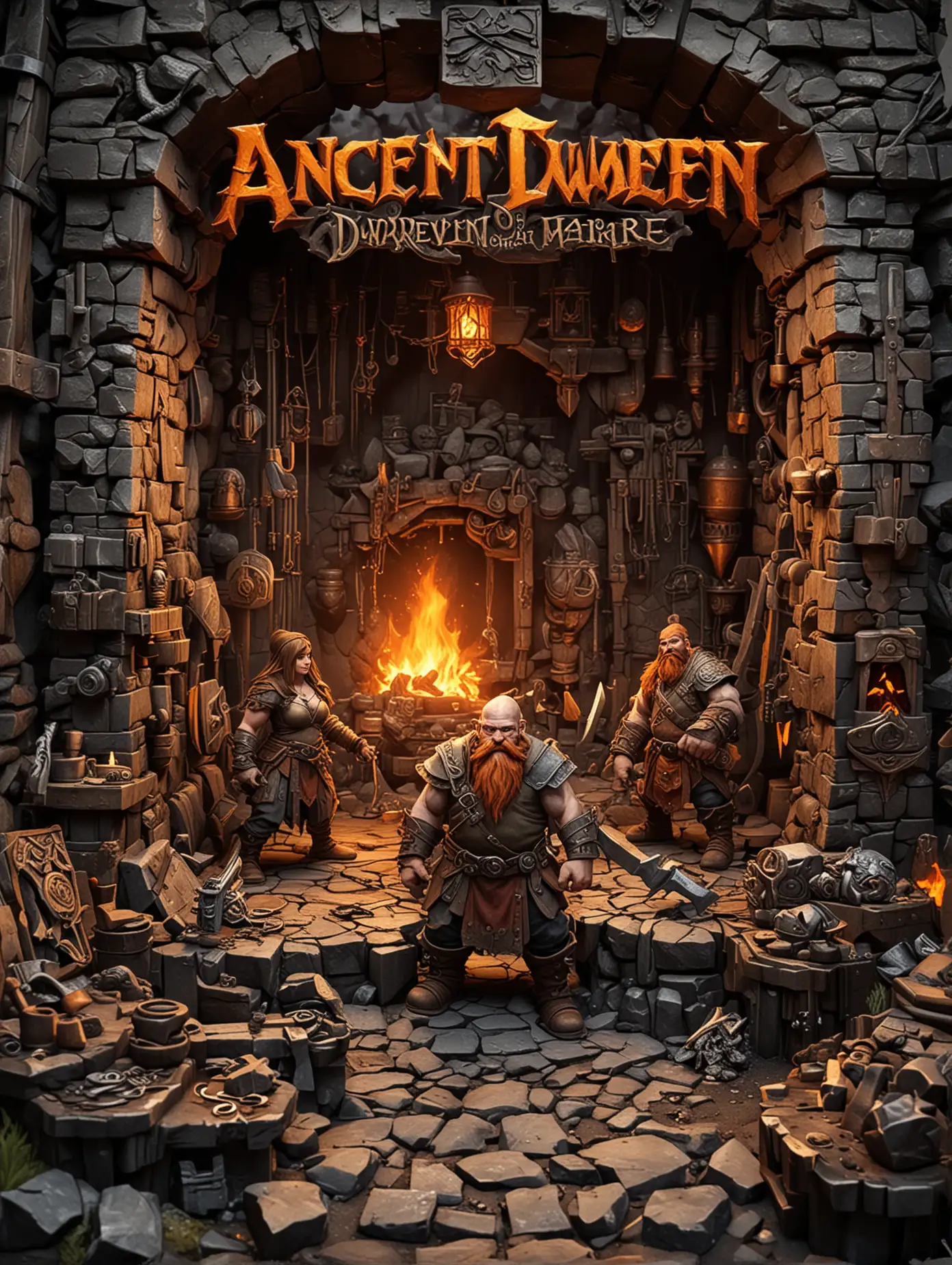 Fantasy Dwarf Blacksmith Crafting Legendary Gear in Ancient Mountain Forge