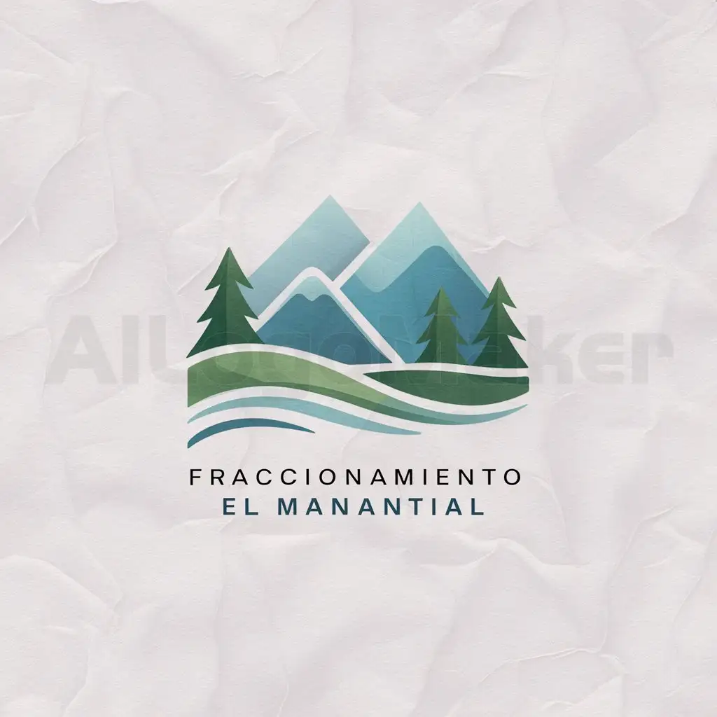 a logo design, with the text 'Fraccionamiento el Manantial', main symbol: Generate a modern logo for Fraccionamiento El Manantial, using as main elements mountains in blue tones, pine trees in green tones and a representation of flowing water in the foreground. The background should be white and the design should convey a sense of tranquility and nature.,Minimalistic, be used in Real Estate industry, clear background. Reduce 'Fraccionamiento', enlarge 'El Manantial'