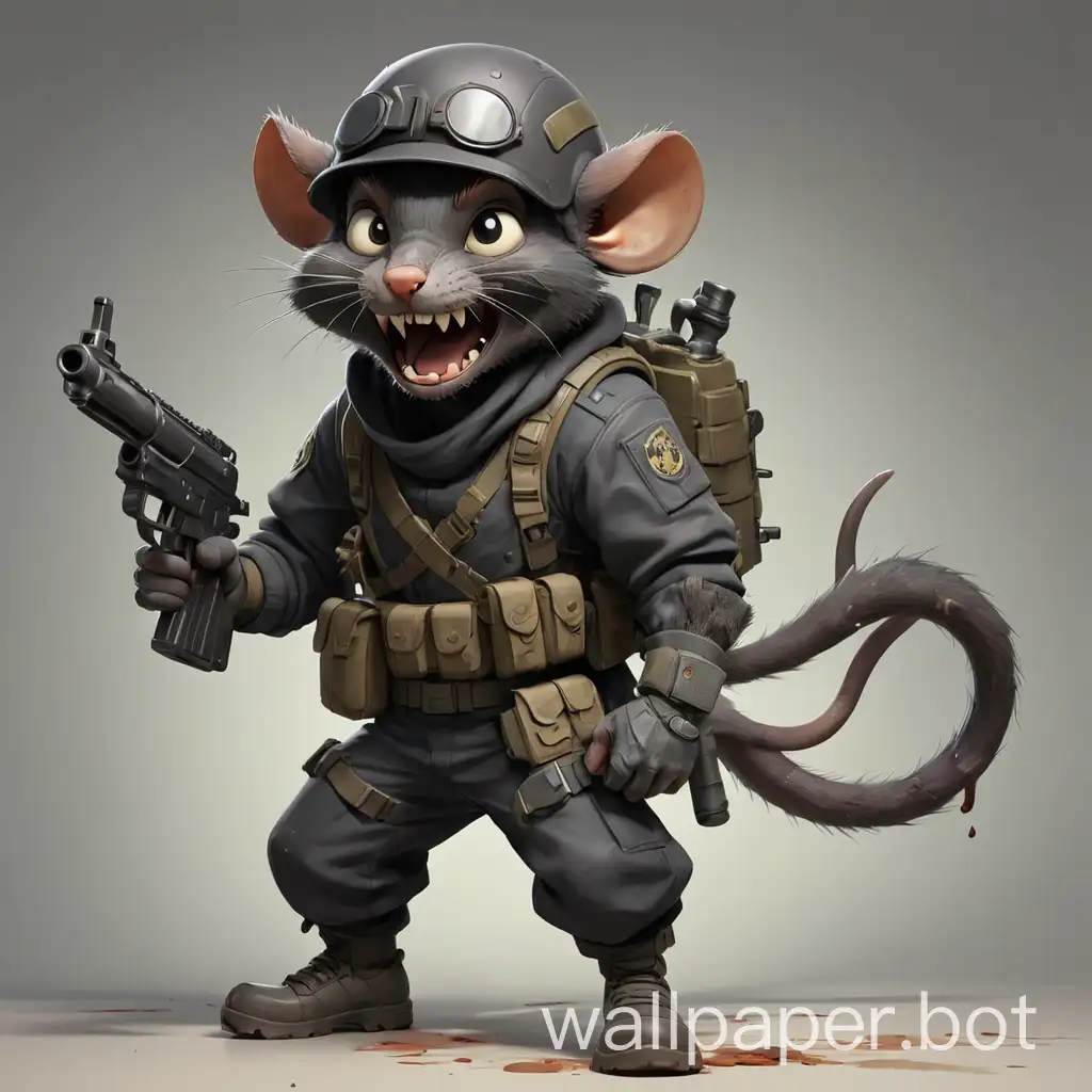 A evil black rat in cartoon style, dynamic pose, full body, CSGO soldier grimy clothes with boots and helmet, with a machine gun, with clear background