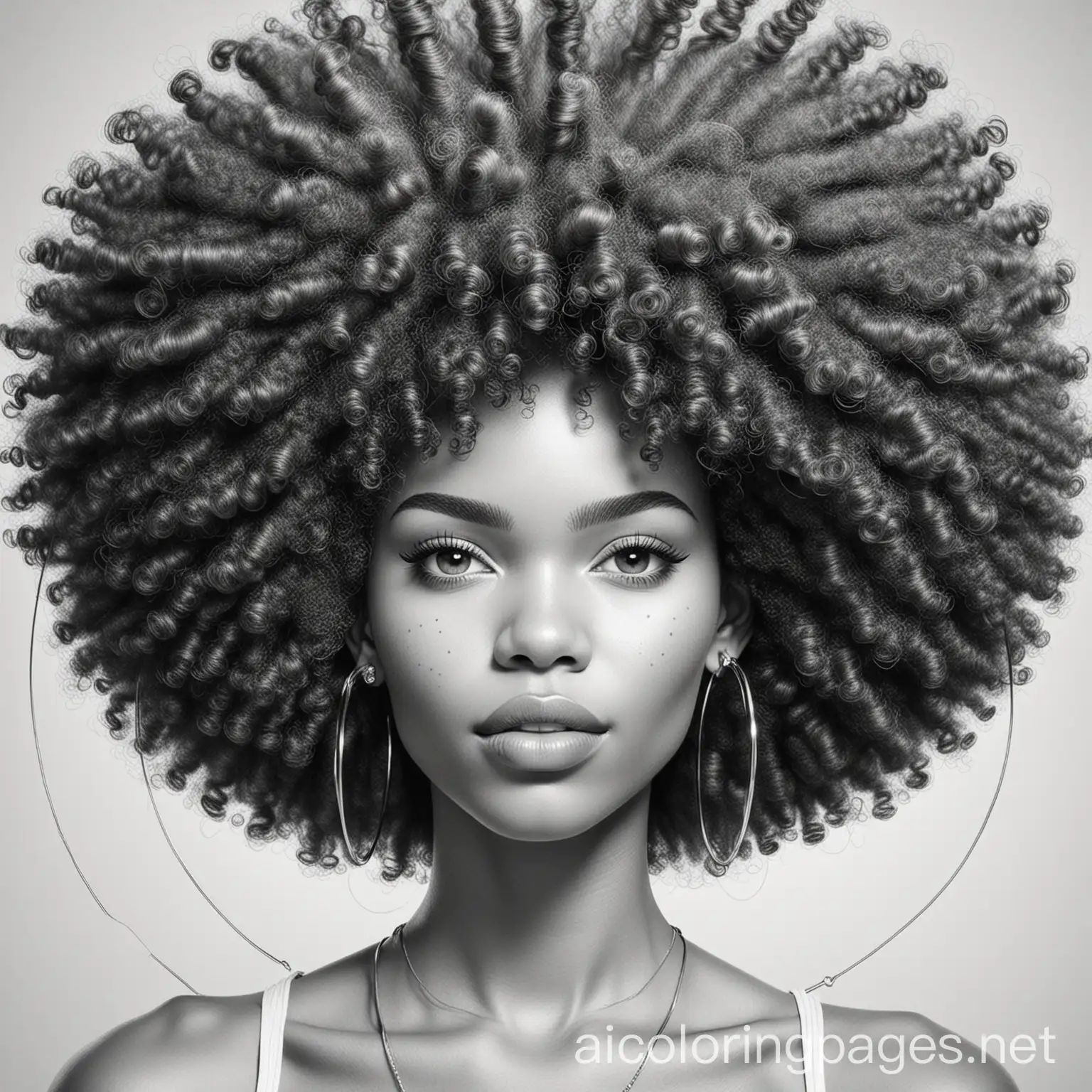 Black woman with large hoop earrings and large afro, Coloring Page, black and white, line art, white background, Simplicity, Ample White Space. The background of the coloring page is plain white to make it easy for young children to color within the lines. The outlines of all the subjects are easy to distinguish, making it simple for kids to color without too much difficulty