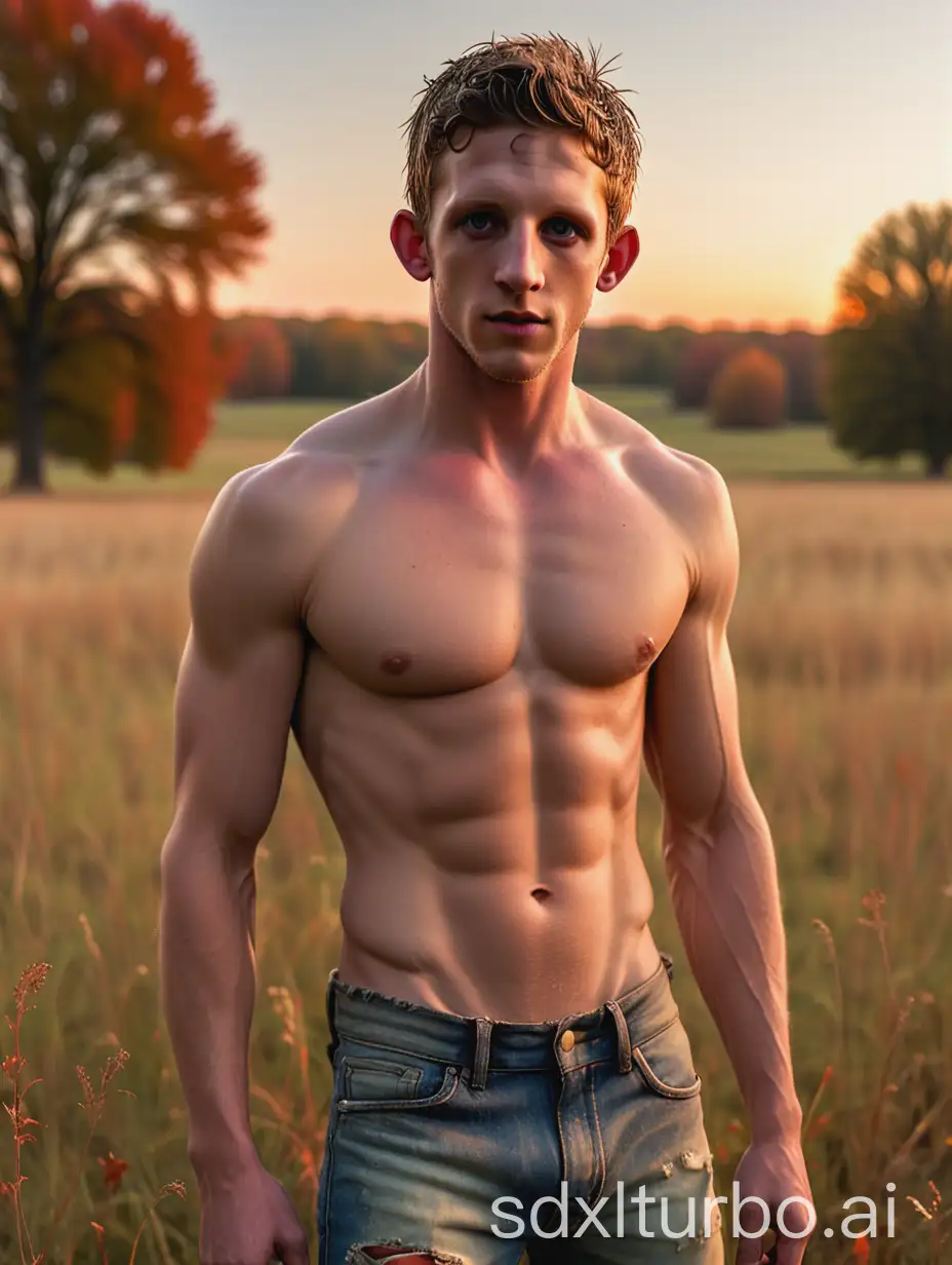 youthful fit and built Adonis-like Jamie Bell, with hairy chest and eight pack abs shirtless in vintage ripped jeans, in a midwestern meadow during fall at sunset, vibrant volumetric lighting on face and eyes, medium upper body shot, 16k, very high quality, very high resolution, 35mm camera, Adonis, nsfw, face and upper body portrait by Bruce Weber,