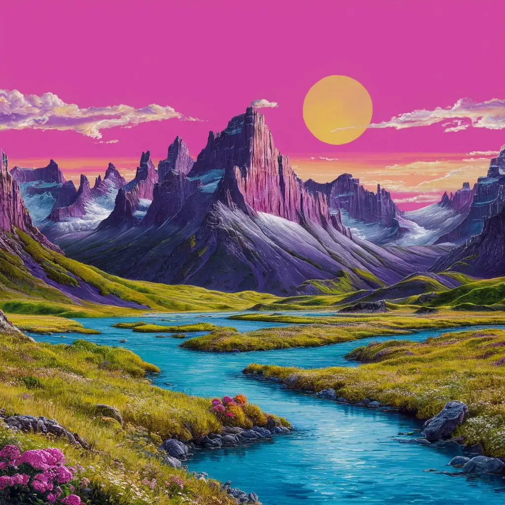A panoramic view of a mountain range in an exaggerated, vibrant color palette.