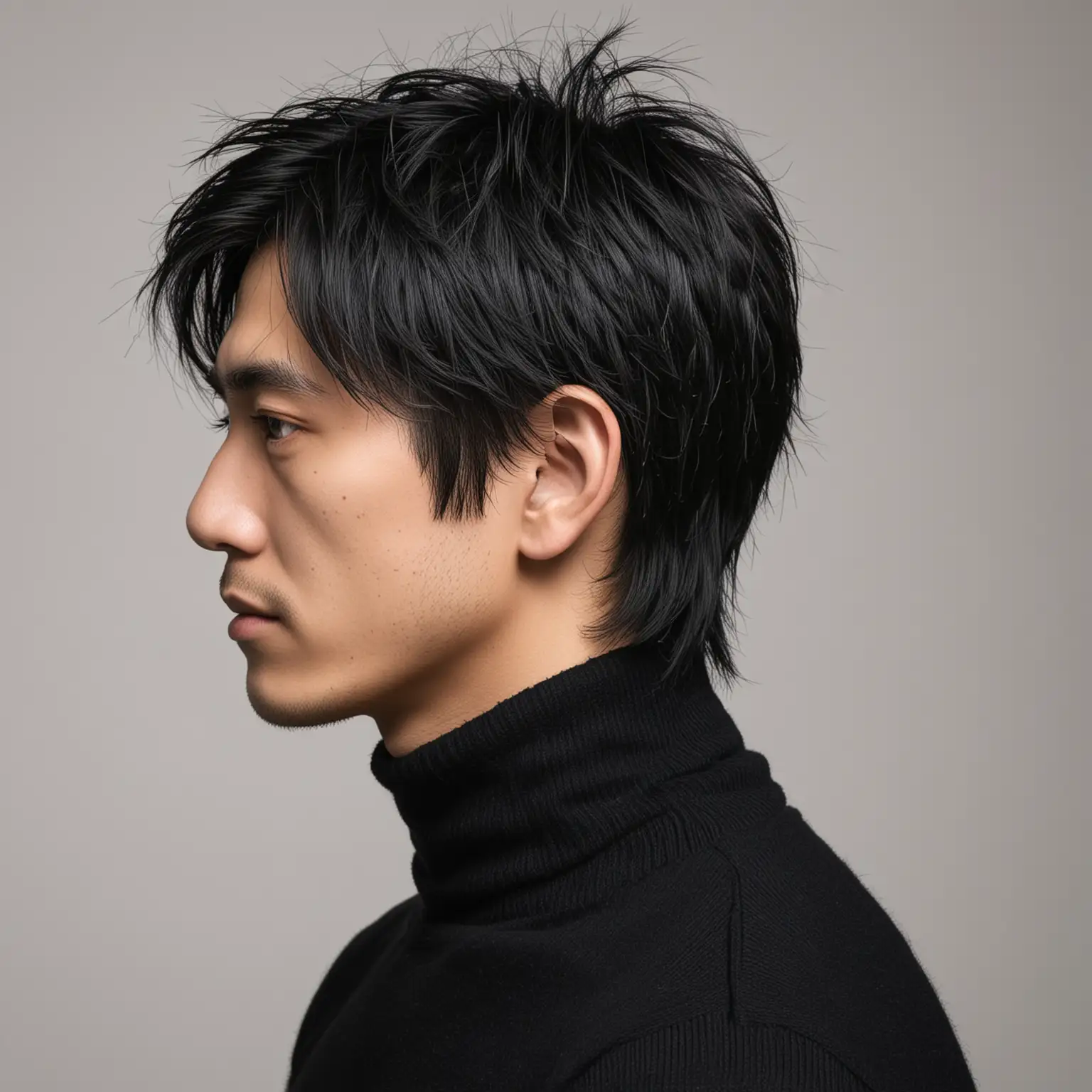 Portrait photograph, side Profile view, Japanese man, harry-potter hair black hair, black turtleneck, white background