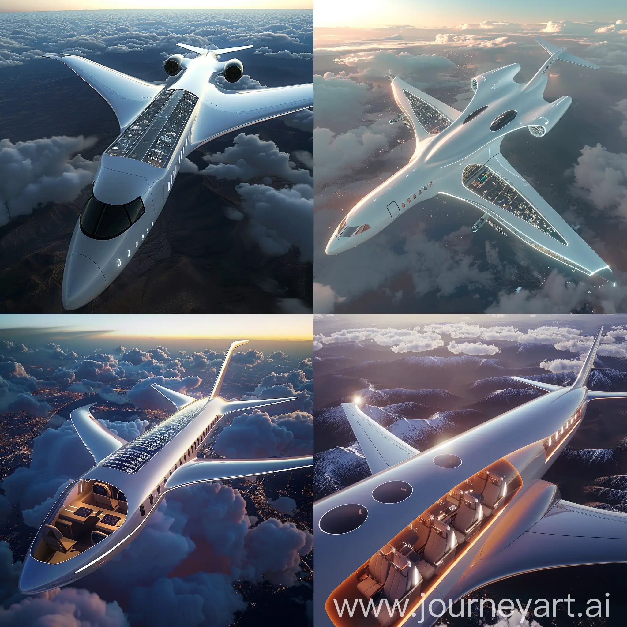 Futuristic passenger aircraft, in futuristic style, Virtual Reality (VR) Entertainment Systems, Biometric Authentication, Smart Cabin Materials, Adaptive Seating, Health Monitoring Systems, Integrated Sustainable Solutions, Augmented Reality (AR) Flight Information, Personalized Ambient Lighting, Air Quality Enhancement Systems, Modular Cabin Configurations, Blended Wing Body (BWB) Design, Variable Geometry Wings, Active Flow Control, Embedded Sensors for Structural Health Monitoring, Advanced Composite Materials, Electric Propulsion Systems, Active Noise Reduction Technology, Integrated Sensor Fusion for Enhanced Situational Awareness, Advanced Anti-Icing Systems, Sustainable Paint and Coatings, 8K Ultra HD In-Flight Entertainment (IFE) Screens, Interactive Touchscreen Seat Controls, Virtual Reality (VR) Headsets with 8K Displays, 8K Video Conferencing Systems, Innovative Cabin Projection Systems, Augmented Reality (AR) Navigation Guides, Personal 8K Content Streaming, High-Resolution Flight Information Displays, 8K Ultra HD SkyCeiling Windows, Customizable Ambient Lighting with 8K Visualization, 8K Ultra HD Exterior Cameras, Real-Time External Monitoring Displays, Virtual Exterior Windows with 8K Displays, Integrated Exterior Lighting Systems, Augmented Reality (AR) External Navigation Guides, Dynamic Exterior Advertising Panels, Integrated Environmental Sensors, High-Resolution Exterior Graphics and Liveries, Advanced Exterior Maintenance Inspection Systems, Interactive Passenger Communication Displays, unreal engine 5 --stylize 1000