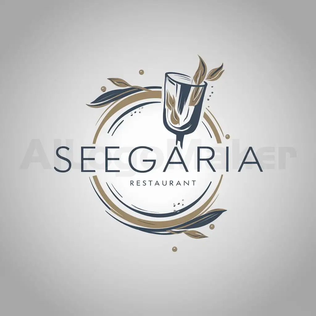 a logo design,with the text "Segaria", main symbol: Name: Segaria
Color: Gold and dark blue to represent elegance and freshness.
Element: Image of a glass with water droplets and accents of leaves or ice to enhance the natural and exclusive feeling.
Font: Simple yet elegant, easy to read and striking.,Minimalistic,be used in Restaurant industry,clear background