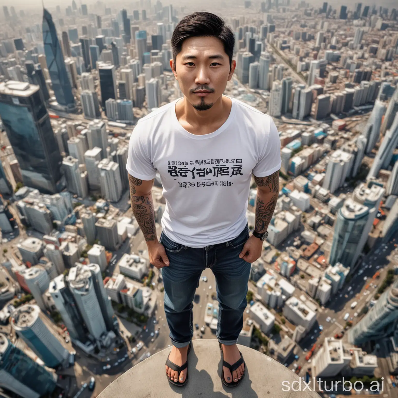 Created a hyperrealistic 4D caricature of a 35 year old Korean man, clean oval face, fully tattooed arms to the neck, long hair, wearing a white t-shirt with the text 'DUGEM' short jeans, flip flops, standing on the top of the tallest building, hand holding a glass of black coffee. Beautiful city background, shot from above, fisheye lens