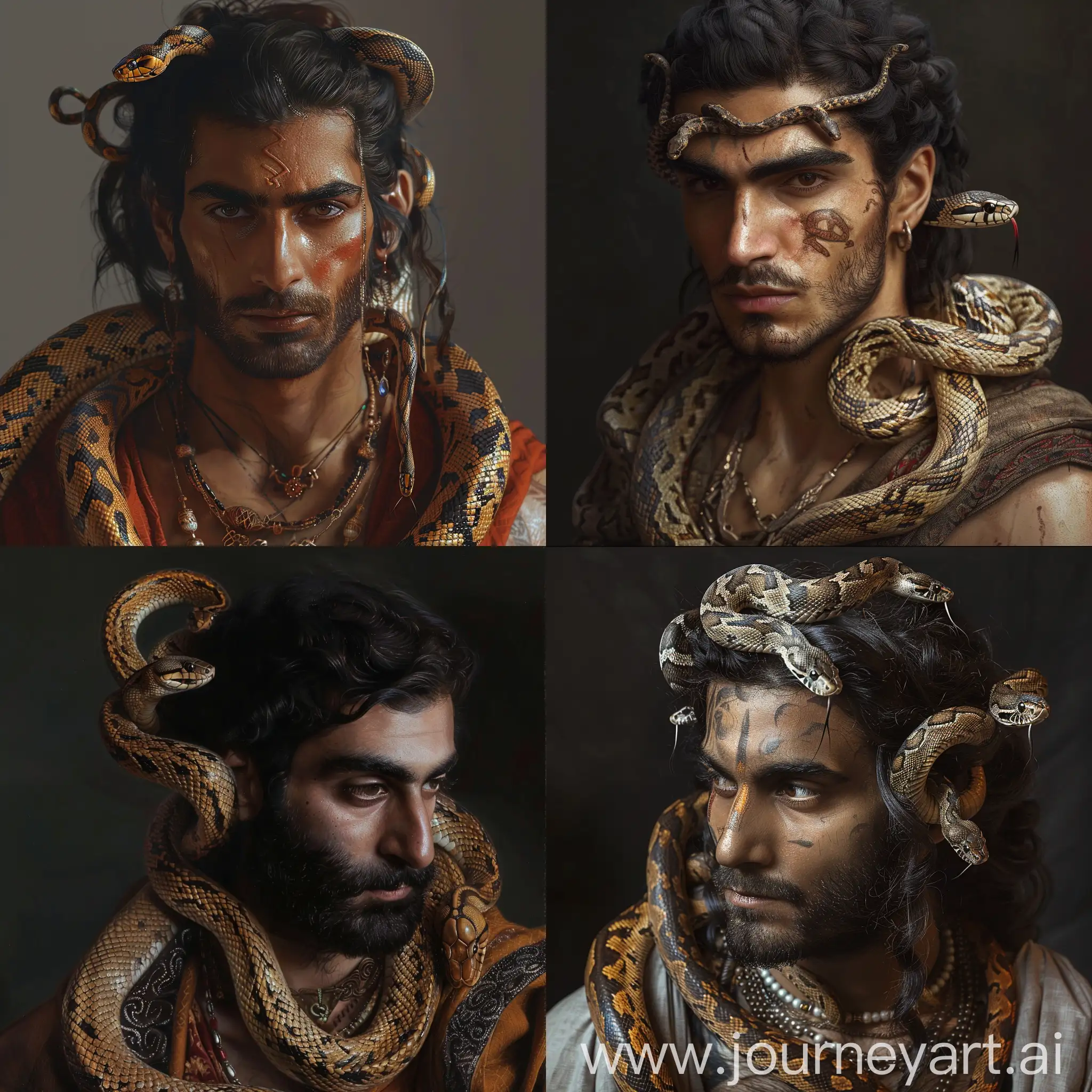 Create a realistic picture of Zahaak Iranian myth, while he is 26 and has snakes on his shoulder