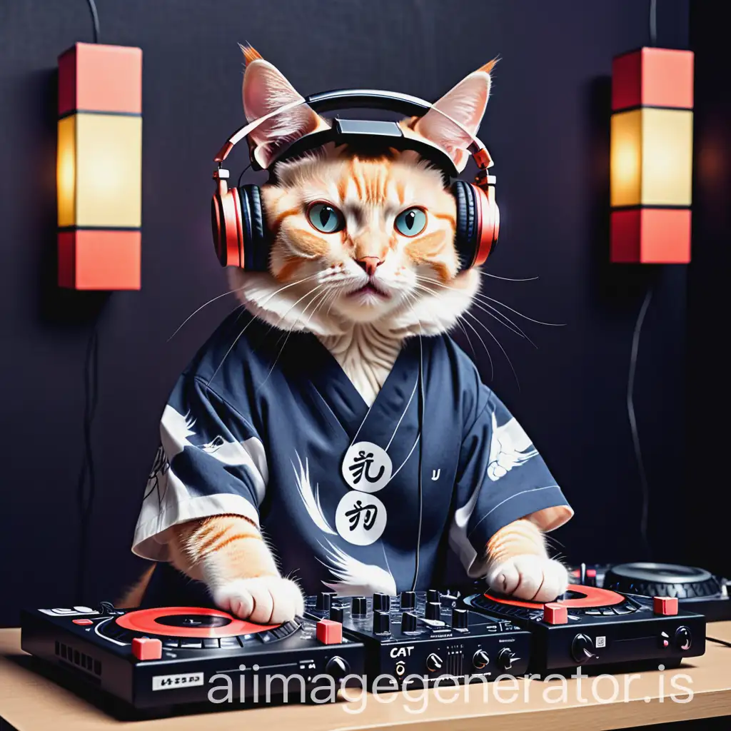 cat as a dj with japanese style