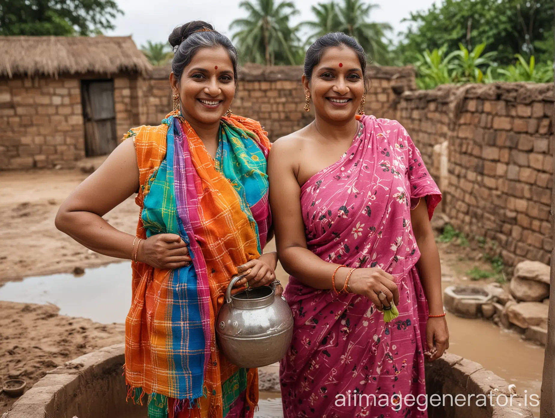 a mature fat indian woman with 45 years old age with curvy body wearing a colorful bath towel with full make up ,gajra bun style, holding a mud water pot, standing near a water well, she is happy and smiling, its cloudy