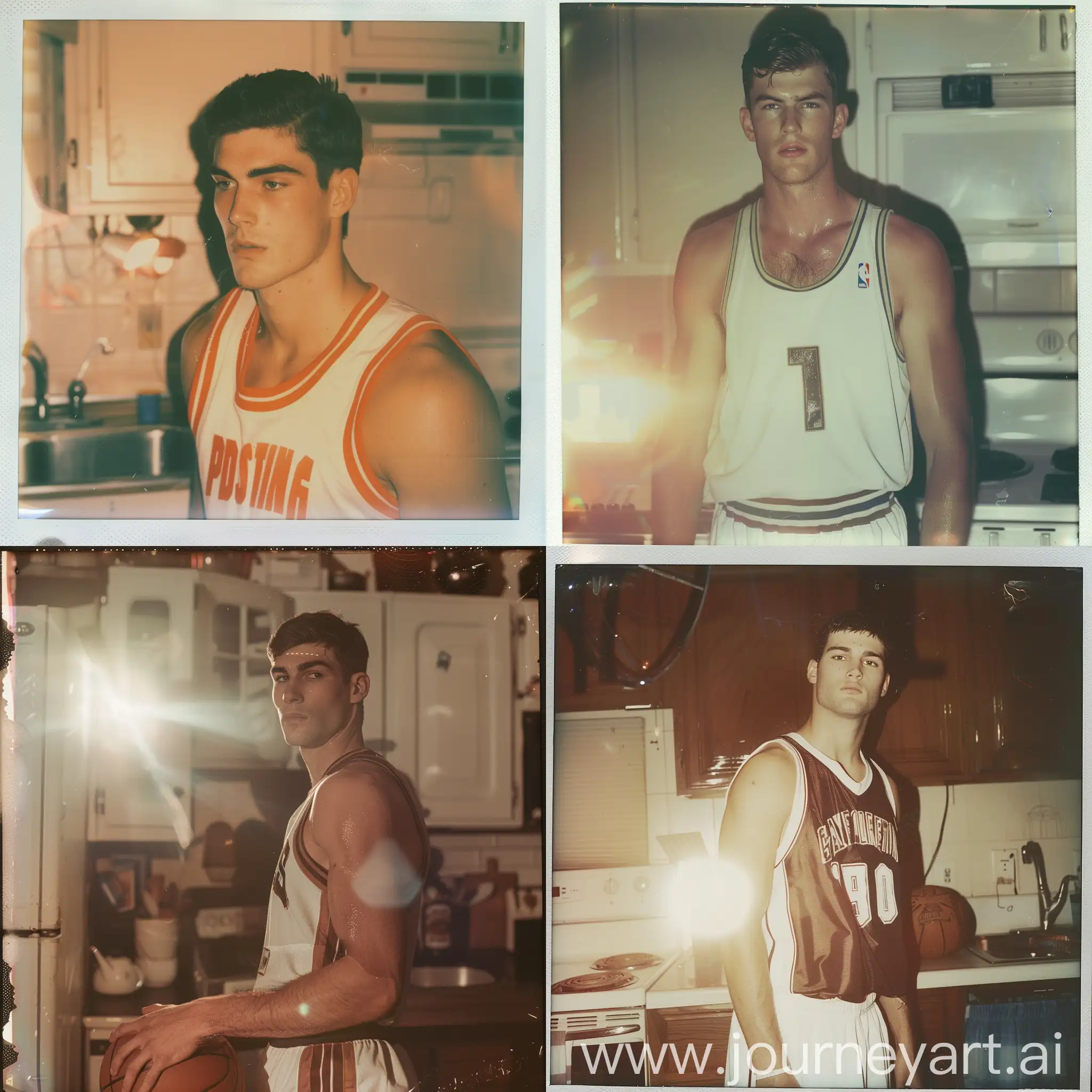 male model, 90th photos from photo album, film, vintage style, man in basketball uniform, on the kitchen, flash from camera, Polaroid, hyper realistic
