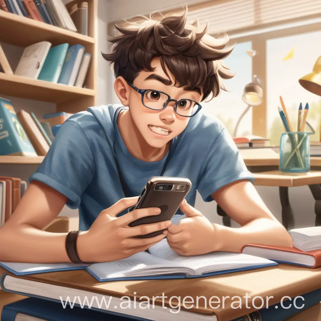 Boy-Distracted-from-Studying-by-Phone