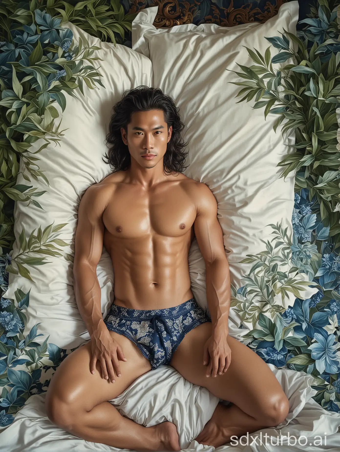A portrait of a macho Thailand-Vietnam descent muscular royalty, with shoulder-lenght wavy hair, wearing traditional underwear, lying and sensually on the bed covered with blue foliage in the style of a painting by Leyendecker
