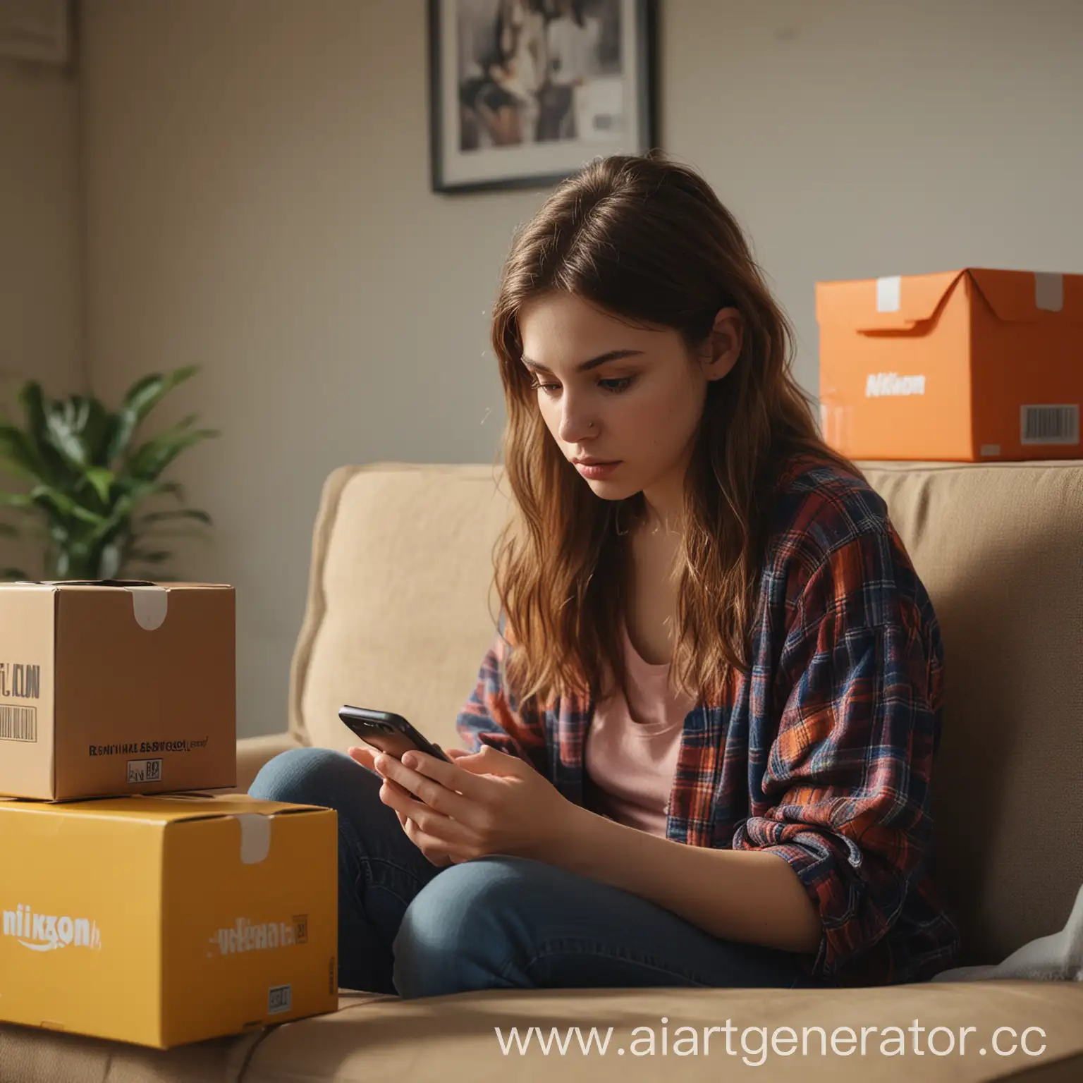 The girl is sitting on the couch thoughtfully looking at her smartphone, unpacked moving boxes around, natural light,cinematic volumetric light,soft ton of skin,natural colors,film look,film style,Kodak film,beautiful face,beautiful faces,realistic skin,natural soft ton of skin,harmonious proportions faces,balanced proportions faces,pro color palette, bright and juicy colors, pro photo, pro shadows design, pro color tone mapping,elegant,pro color rendering,high end art,pro photo,photo focus,photographic, photorealistic,hyper realistic,highly detailed,shot on Nikon D850 camera by Julia Sariy, rtx 4080,8k,8k detailed,unreal engine 5,octane render,txaa,fkaa,rtx 3080,wide-angle shot