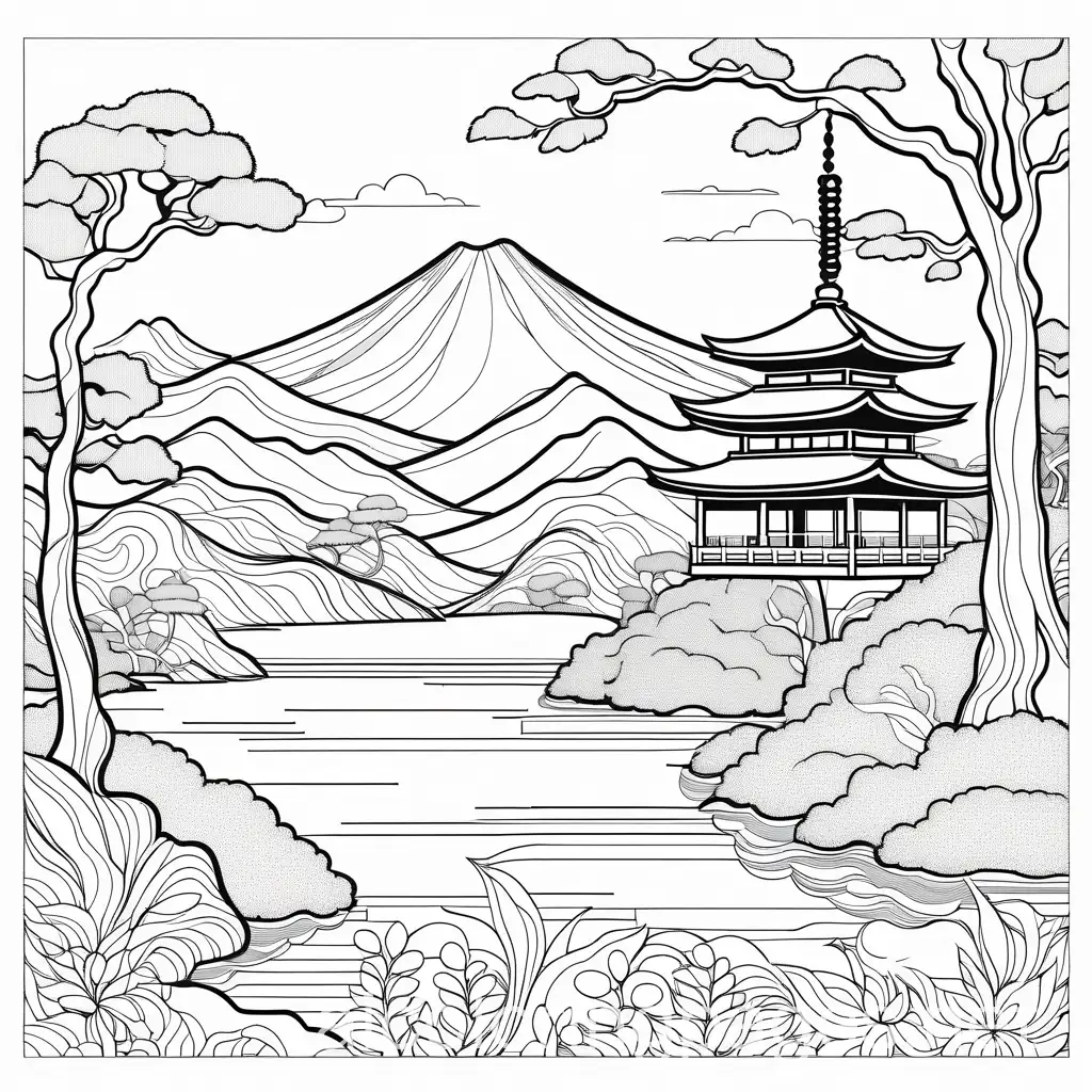 Japanese folklore Coloring Page, black and white, bold marker thick line, no shadings, white background, Simplicity, Ample White Space. The background of the coloring page is plain white. The outlines of all the subjects are easy to distinguish., Coloring Page, black and white, line art, white background, Simplicity, Ample White Space. The background of the coloring page is plain white to make it easy for young children to color within the lines. The outlines of all the subjects are easy to distinguish, making it simple for kids to color without too much difficulty
