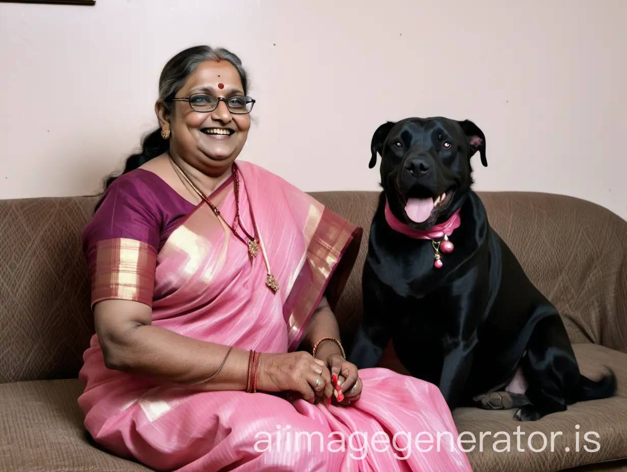 a fat mature indian lady having age 46 with makeup, with thick hair with French braid hairstyle and wearing a spectacles on face, wearing a pink saree , sitting on a sofa, she is happy and smiling. A big black dog is sitting near her in a house.