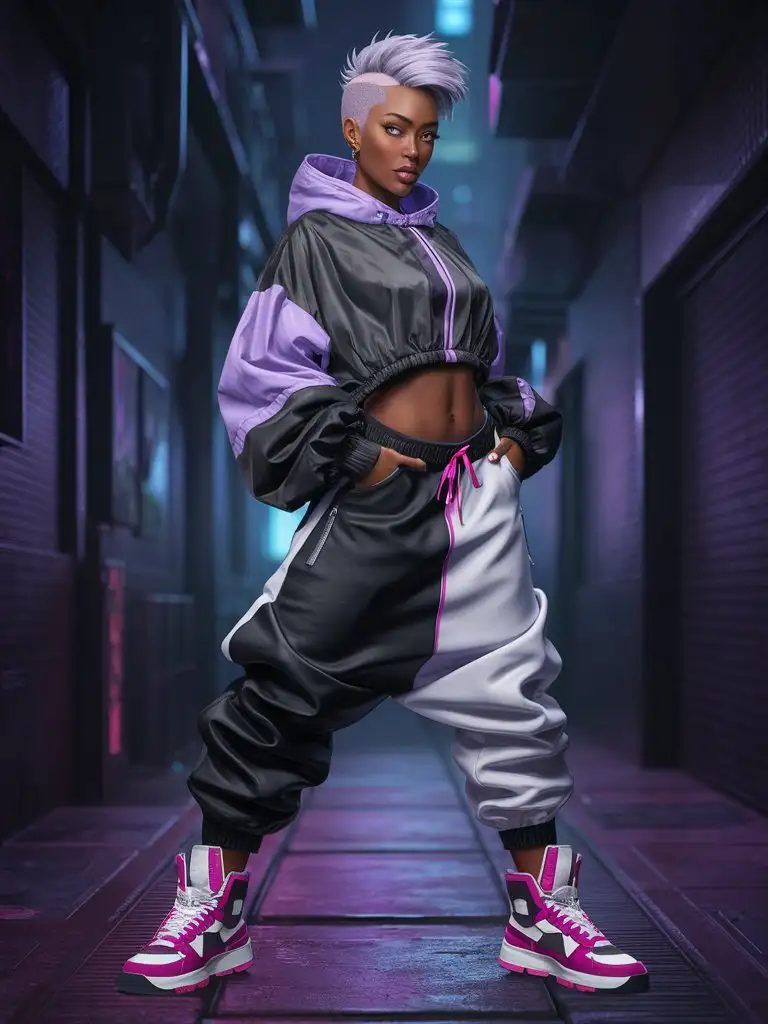 curvy athletic 20s-30s tomboyish biracial woman, short spiky white pale lavender undercut, baggy oversized black violet fuchsia hooded windbreaker, black white baggy streetwear techwear pants, bright white fuchsia violet streetwear hi-tech high-top sneakers, synthwave vaporwave retrofuturistic dystopian cyberpunk downtown alley, videogame animation edgerunners character fullbody splash