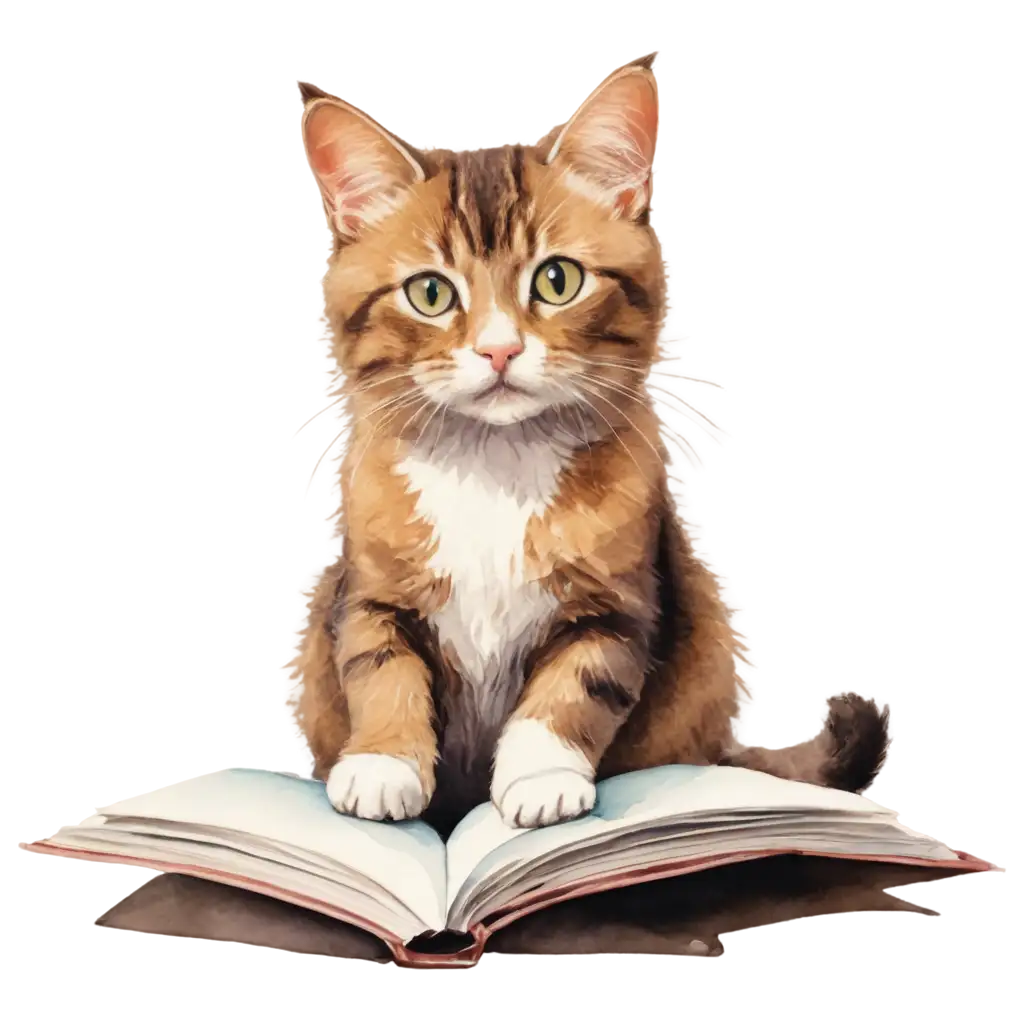 Adorable-Watercolor-PNG-Illustration-of-a-Reading-Cat-Enhance-Your-Content-with-this-Charming-Image