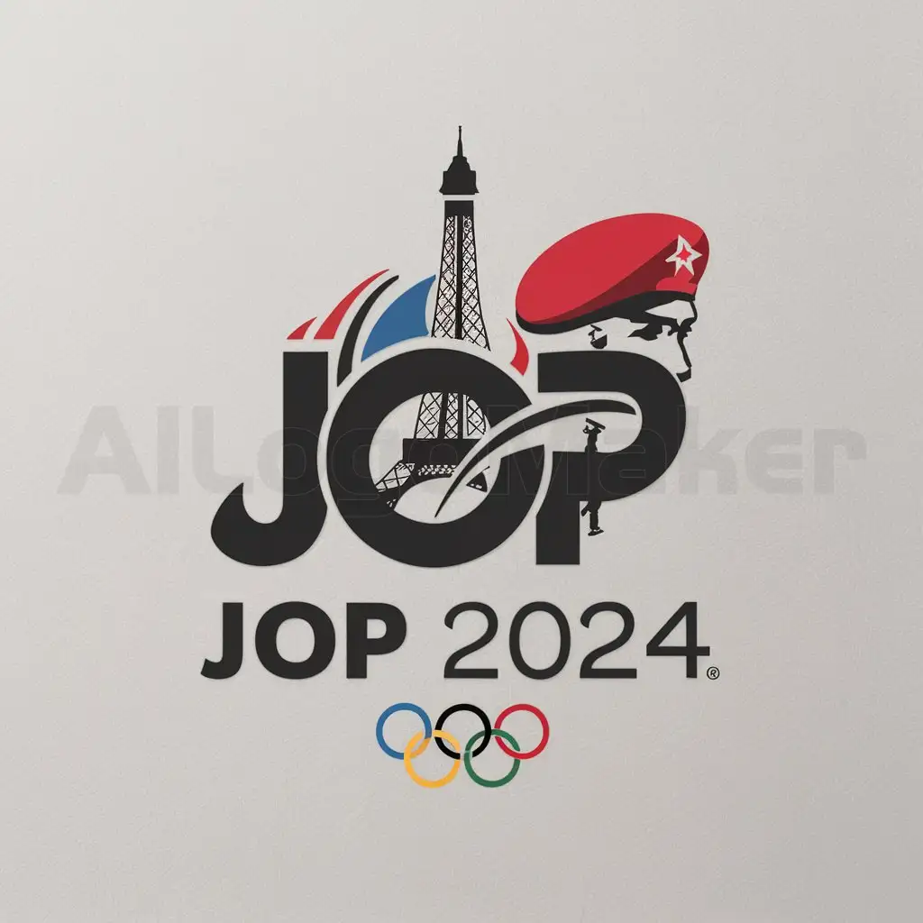 a logo design,with the text 'JOP 2024', main symbol: Logo JO, Tour Eiffel, Armée, Beret Rouge, Moderate, be used in Sports Fitness industry, white background