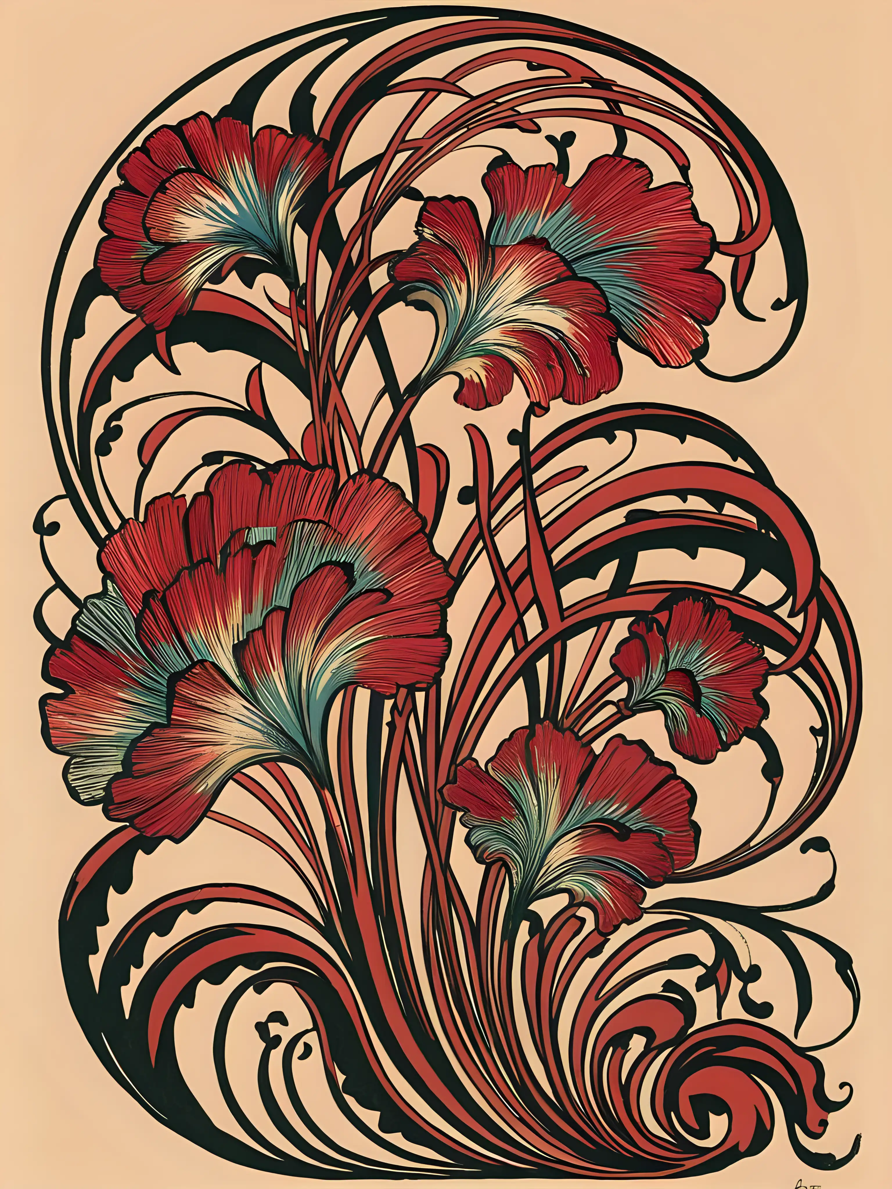 Elegant Art Nouveau Print with Flowing Lines and Floral Motifs
