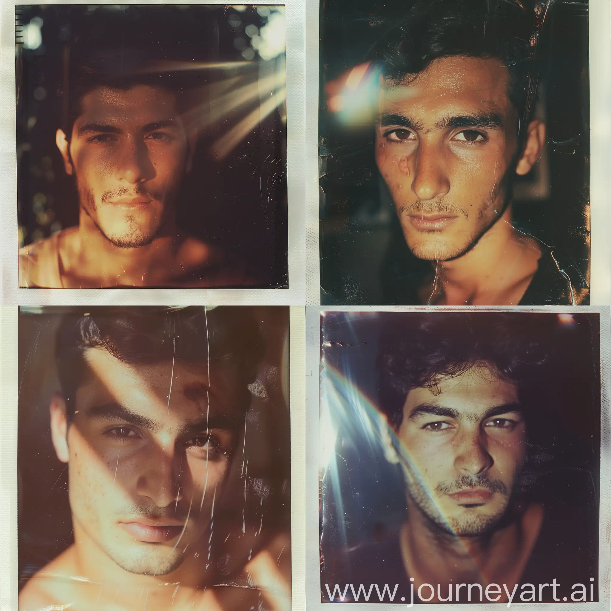 Portrait of a handsome young Turkish man, expired polaroid film portrait of a beautiful 21 year old men, camera flash highlighting his beautiful face, motion blur, night, out of focus and blurry, ISO 100, so detailed I can see every pore and fine hair on his face, Sunrays, surreal photography, in the style of horror, minimalism, fantasy, abstract, heavy use of negative space, by emil melmoth and angelina wrona, A 1973 vintage polaroid of the slinky couple sinner & saint, America, los Angeles