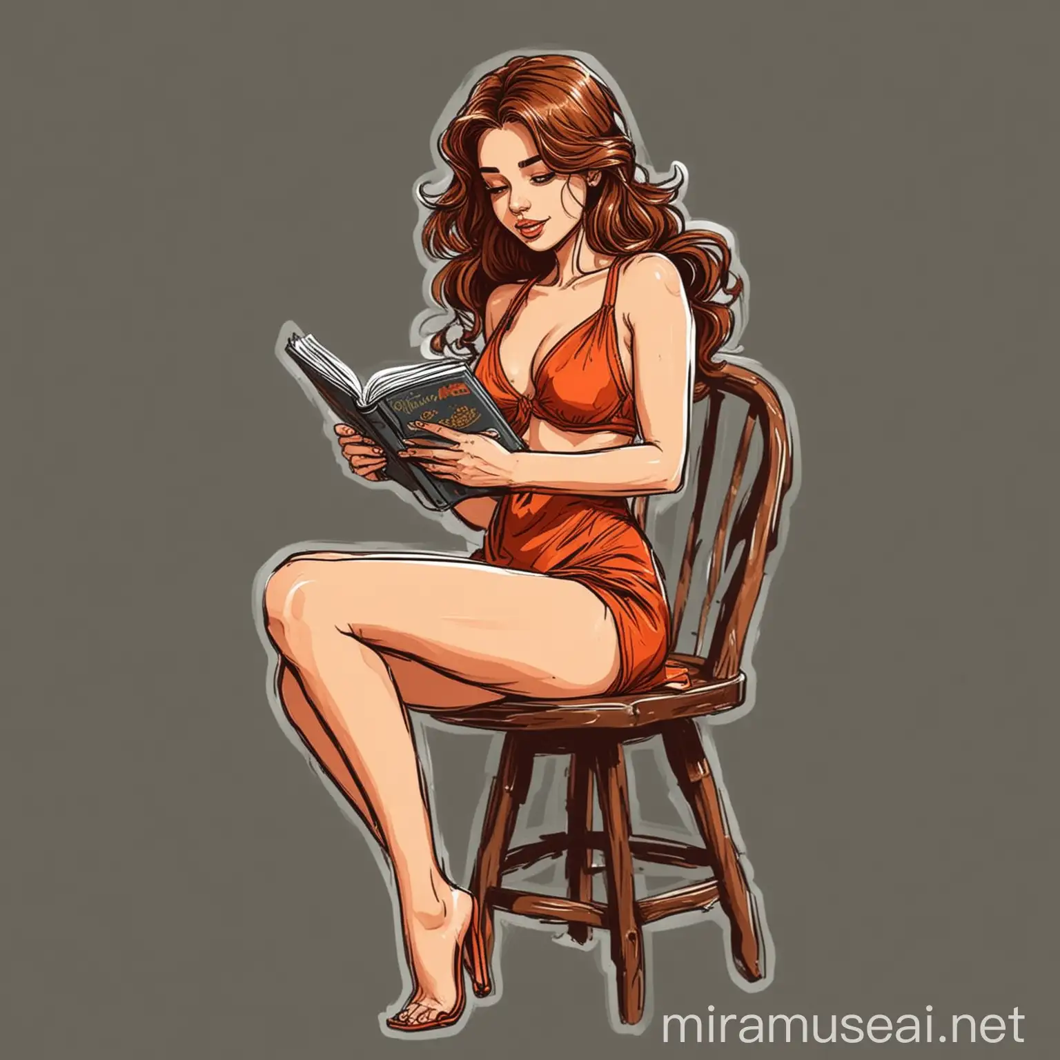 A higher quality vector illustration sticker of hot sexy 25 years old girl sitting on stool reading book, dress bikini , brown hair style,  black outline border