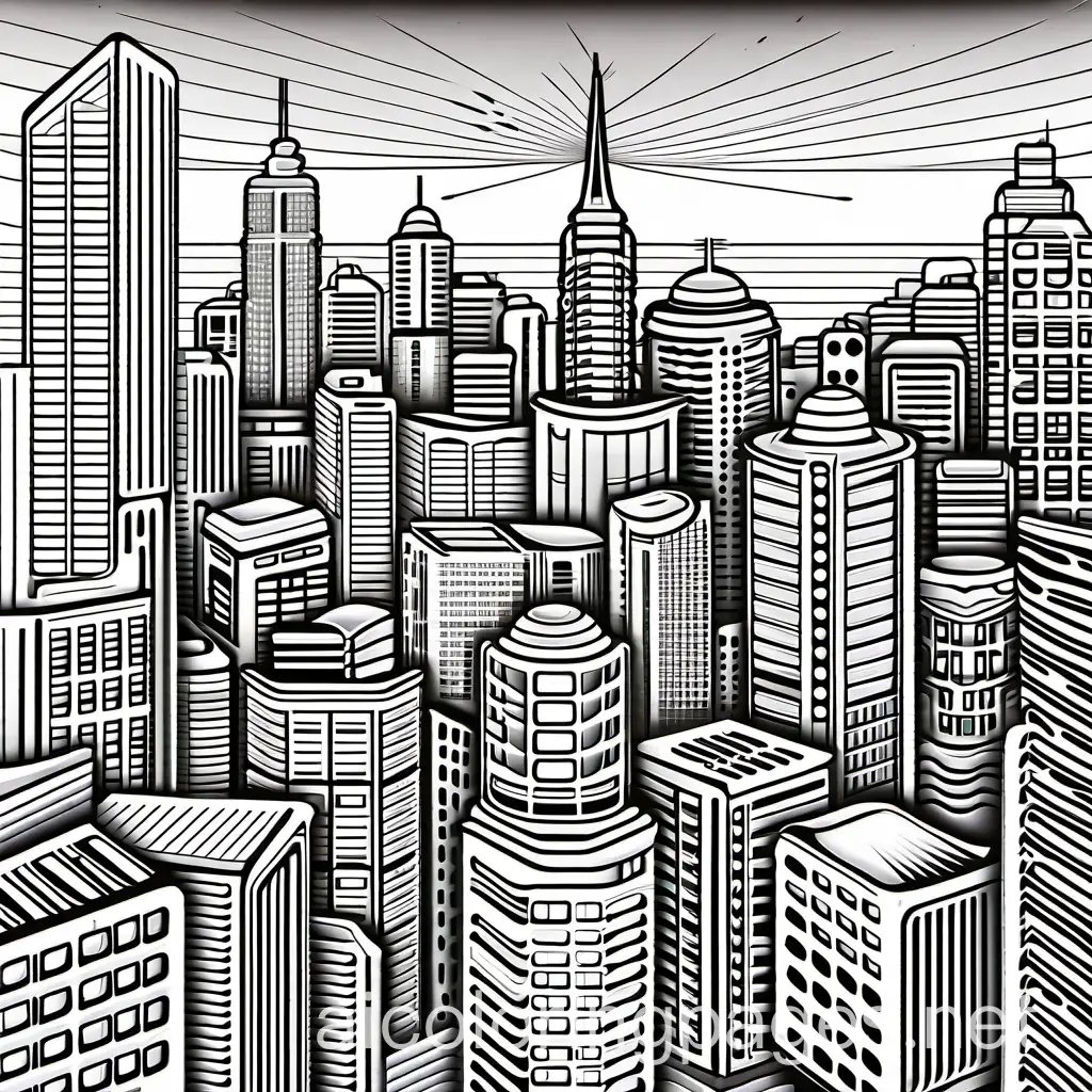 dystopian city, Coloring Page, black and white, line art, white background, Simplicity, Ample White Space. The background of the coloring page is plain white to make it easy for young children to color within the lines. The outlines of all the subjects are easy to distinguish, making it simple for kids to color without too much difficulty
