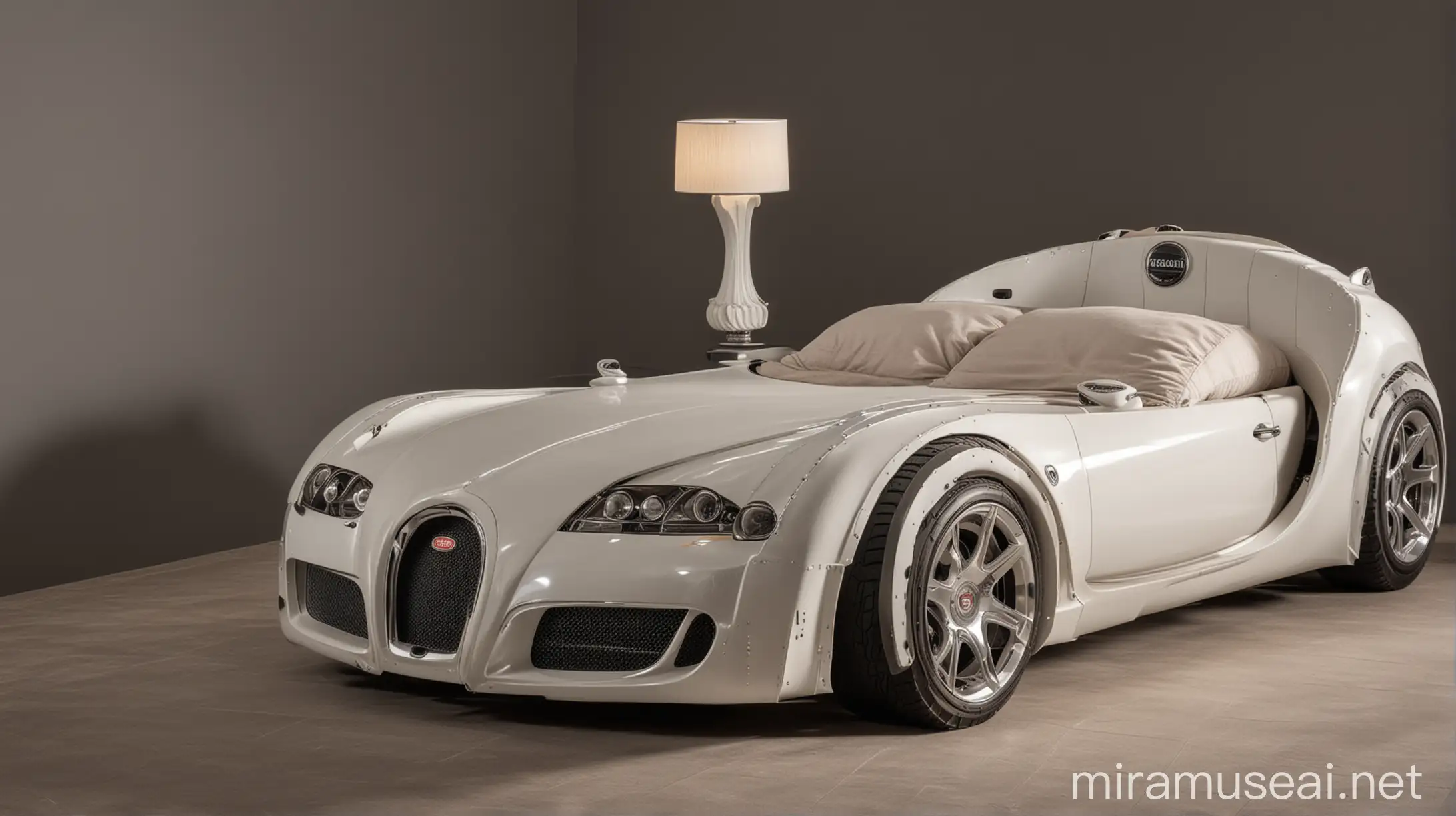 A double bed in the shape of a Bugatti car.