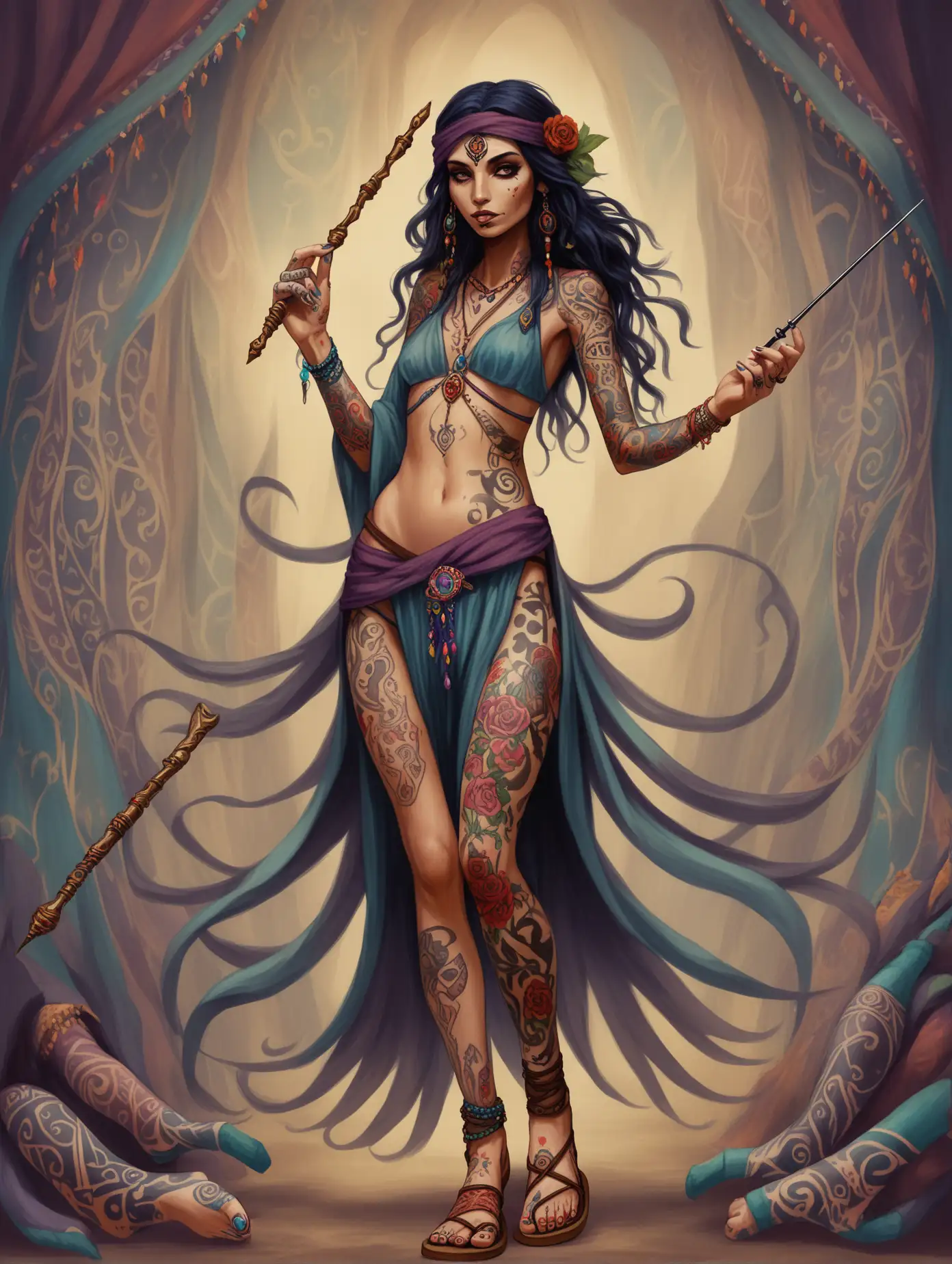 A painted fantasy illustration of a gypsy woman covered in tattoos and holding a long slender wand in her hand.  She is wearing sandals. 