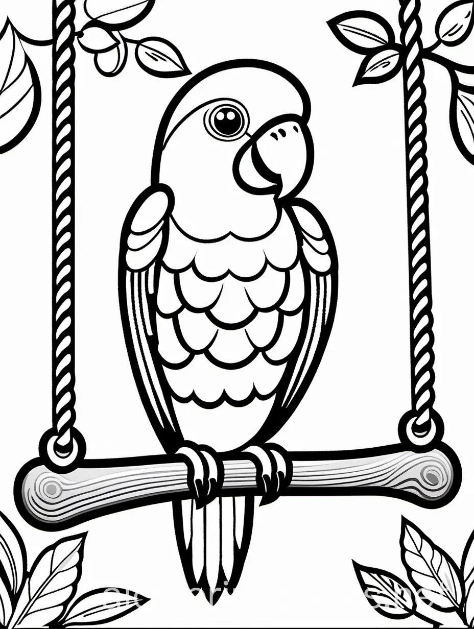 A cheerful parrot perched on a wooden swing. (with a white background)
, Coloring Page, black and white, line art, white background, Simplicity, Ample White Space. The background of the coloring page is plain white to make it easy for young children to color within the lines. The outlines of all the subjects are easy to distinguish, making it simple for kids to color without too much difficulty