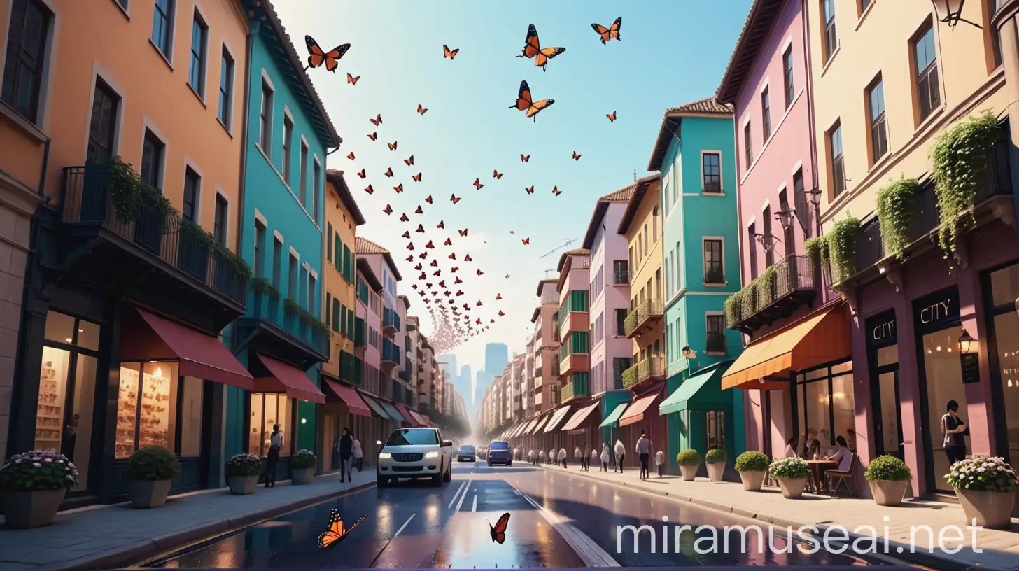Vibrant City Street Scene with Fluttering Butterflies