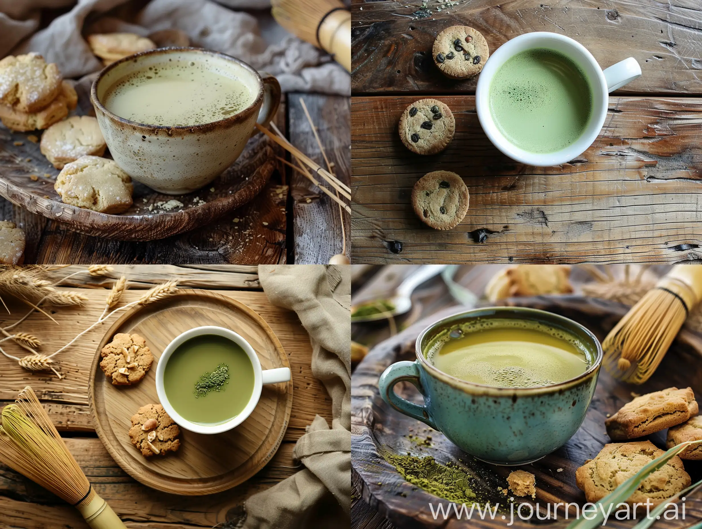 Photo of a cup of matcha on a wooden table with biscuits