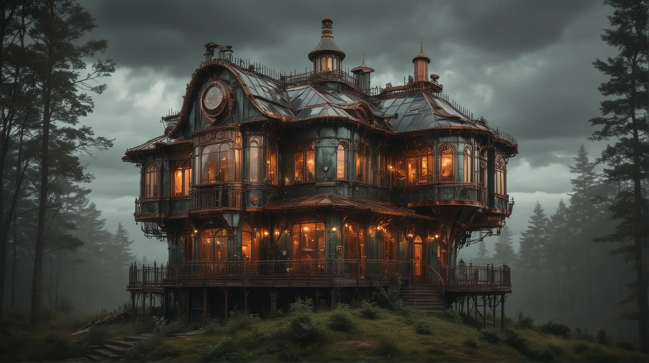 a steampunk house on a forest hill, the house has all walls made of glass, only t-pieces in the corners are made of copper, furniture is visible through the walls, the house is well illuminated, dark and cloudy, distant view