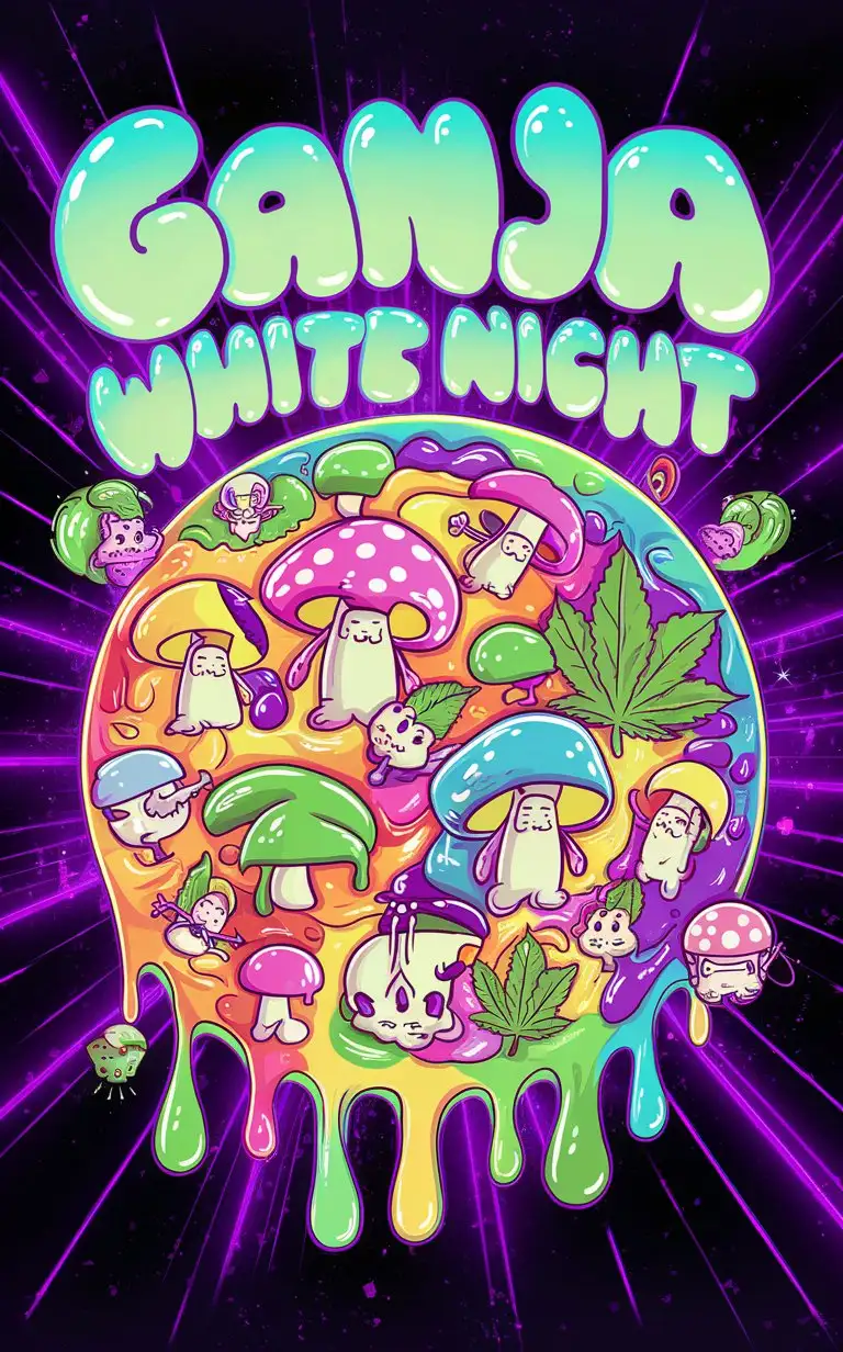 Psychedelic Gathering Ganja White Night with Colorful Slime and Neon Elements