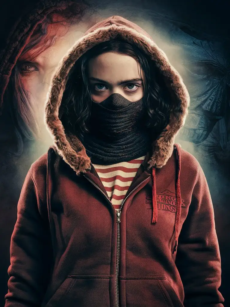 eleven, fur-lined hoodie, stranger things, full body, ultra HD detailed, professional photography, assassin-snood-mouth-mask, horror