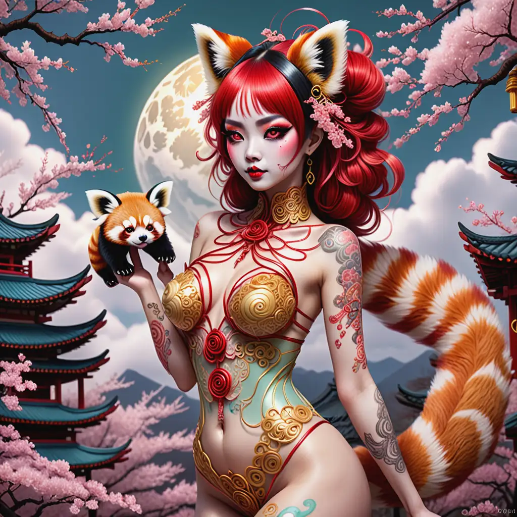 Sexy whimsical pastel goth lady with nine red panda tails  wears intricate golden wire lace all down her body, this oriental ornamentation serves to honor the gods of rejuvenation and spring,  a spirl of floating cherry blossoms form behind her on the wind. Far in the distance a cloud dragon smiles