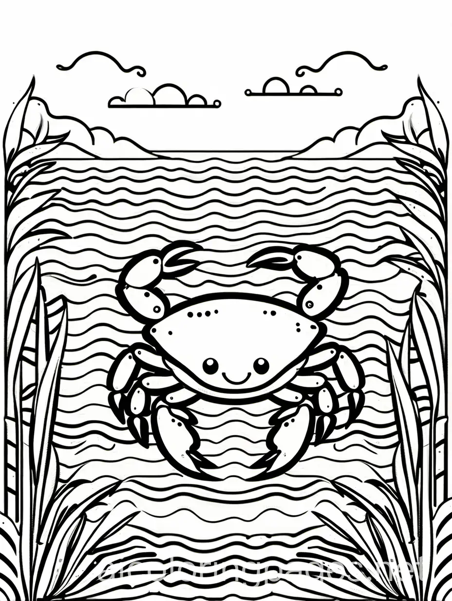 crab smail in the sea, Coloring Page, black and white, line art, white background, Simplicity, Ample White Space. The background of the coloring page is plain white to make it easy for young children to color within the lines. The outlines of all the subjects are easy to distinguish, making it simple for kids to color without too much difficulty