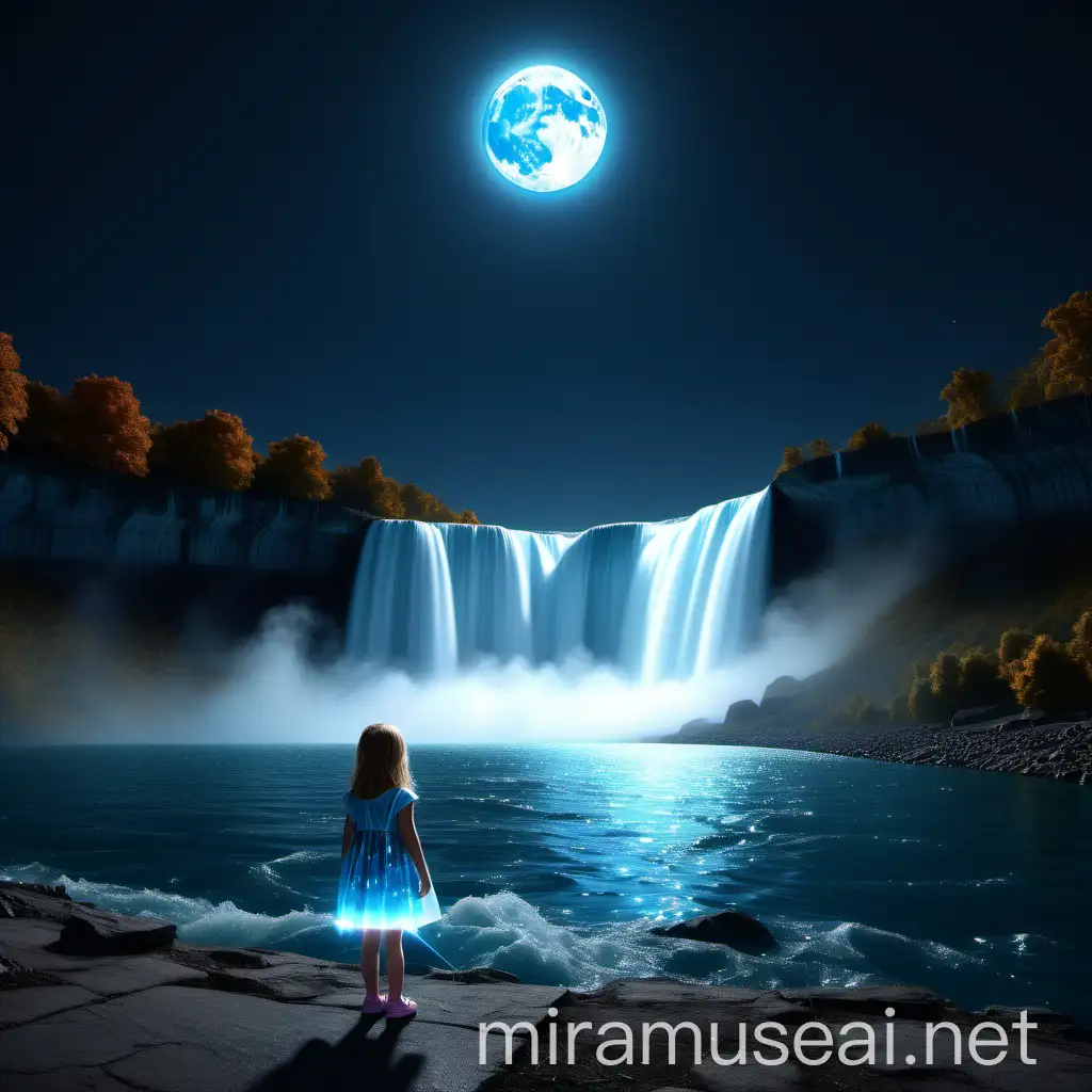 3D 8k minimal realstic illustrator minimal niyagar falls glittering and shinning with her glassy light dress little girl watching it at the midnight with blue moon
