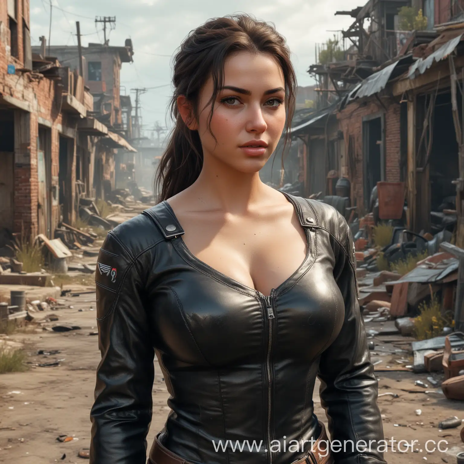 Cinematic-Hyperrealism-Strong-Biker-Woman-in-Leather-Walking-Through-Ruined-Settlement