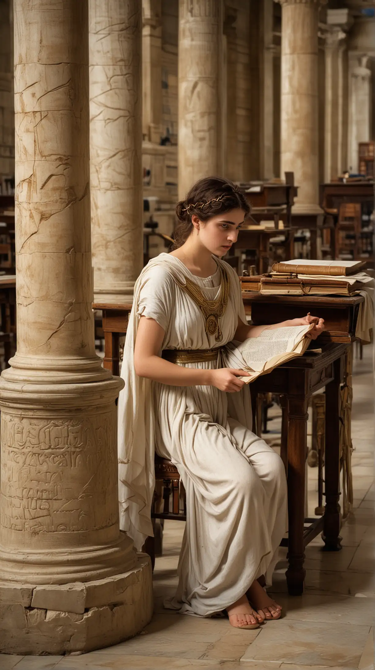 Hypatia in her Youth: A young Hypatia, dressed in ancient Greek attire, studying scrolls and learning from her father, Theon, in a grand Alexandrian library filled with ancient manuscripts and scientific instruments. The scene includes Roman architectural elements, highlighting that Alexandria was part of the Roman Empire.