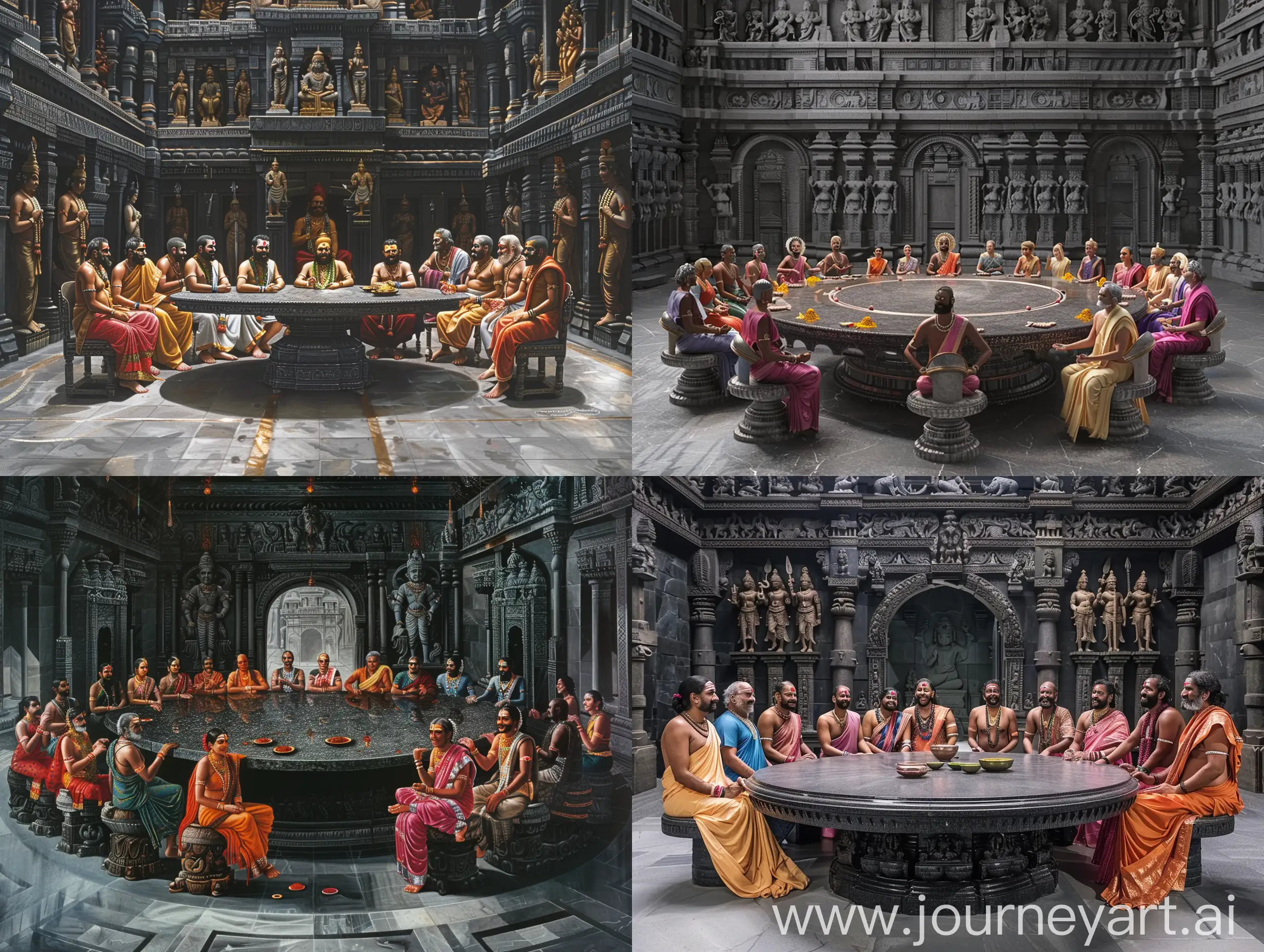 hindus from 4 varnas, brahmana, kshatriya, vaishya and shudra sitting on a round table on all sides smiling proudly, in a hall of a black granite stone building having hindu sculptures on the walls