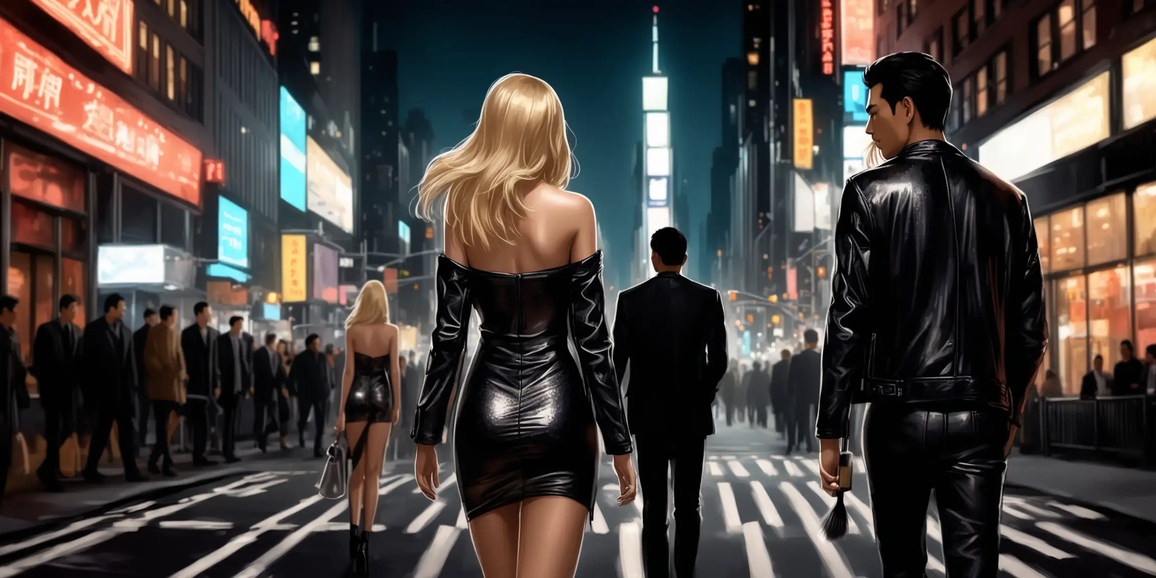 a beautiful and mysterious tall blonde wearing a sheer leather dress, a black leather jacket and black booties. She walks down the busy streets of New York City at night. she brushes shoulders with an asian guy they look back at each other