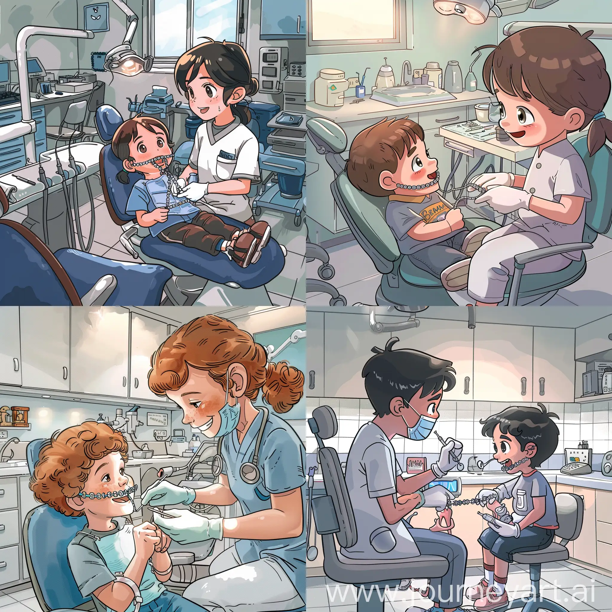 Cartoon image of a child sitting in the dentist’s office, the dentist installs braces for the child, cartoon, high detail of objects, add an advertising inscription on the image: "Bad teeth and very expensive? From May 2024, dental implants are available to everyone!" , high quality, aspect ratio 9:16