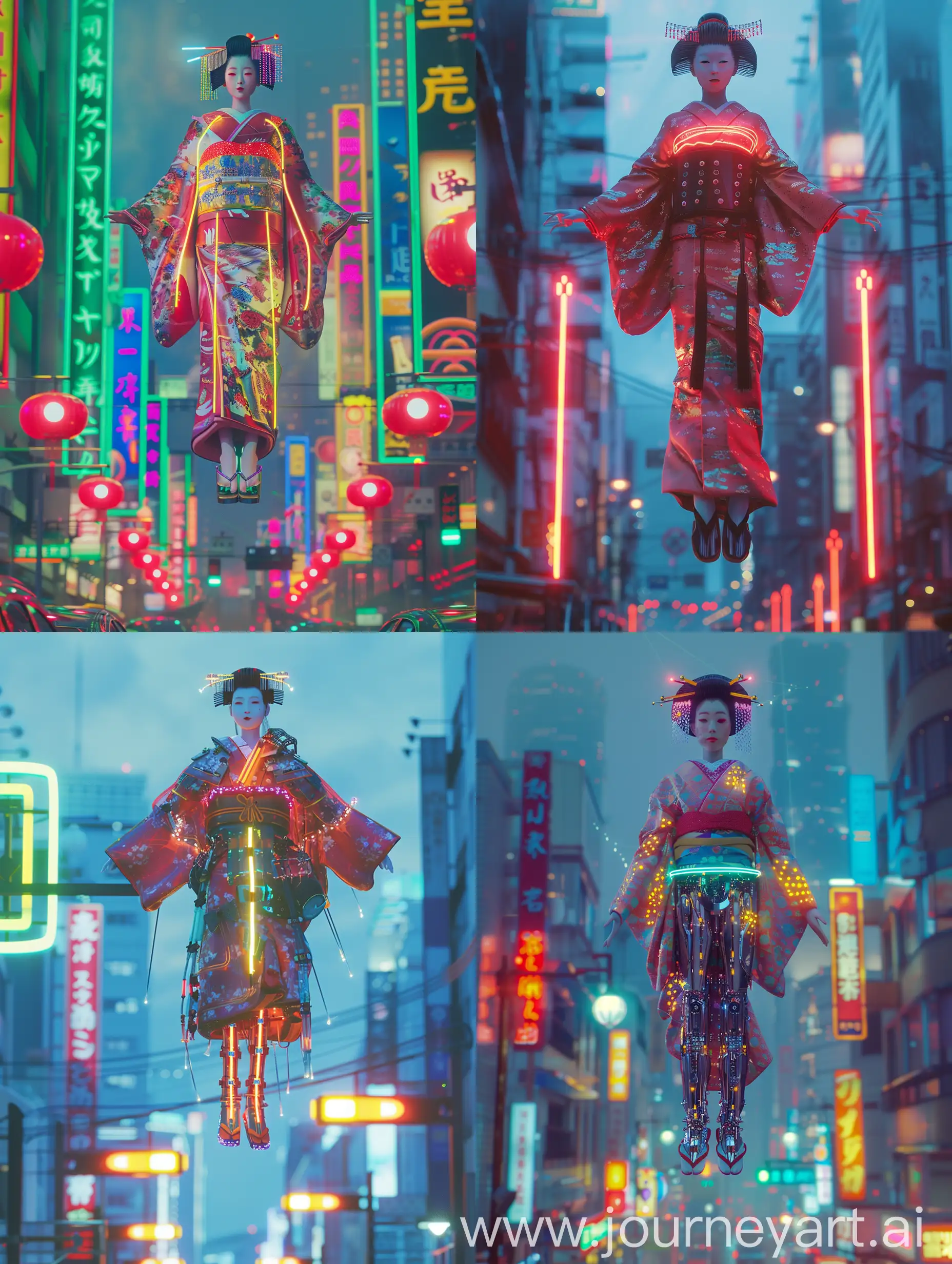 ultra high-definition photo ofａjapanese mechanical maiko floats in mid-air, her body is as tall as a skyscraper, standing in the middle of the city, her body equipped with neon lights directing traffic, futuristic style, cyberpunk style, photorealistic, high detail, shot on a Sony A7 III