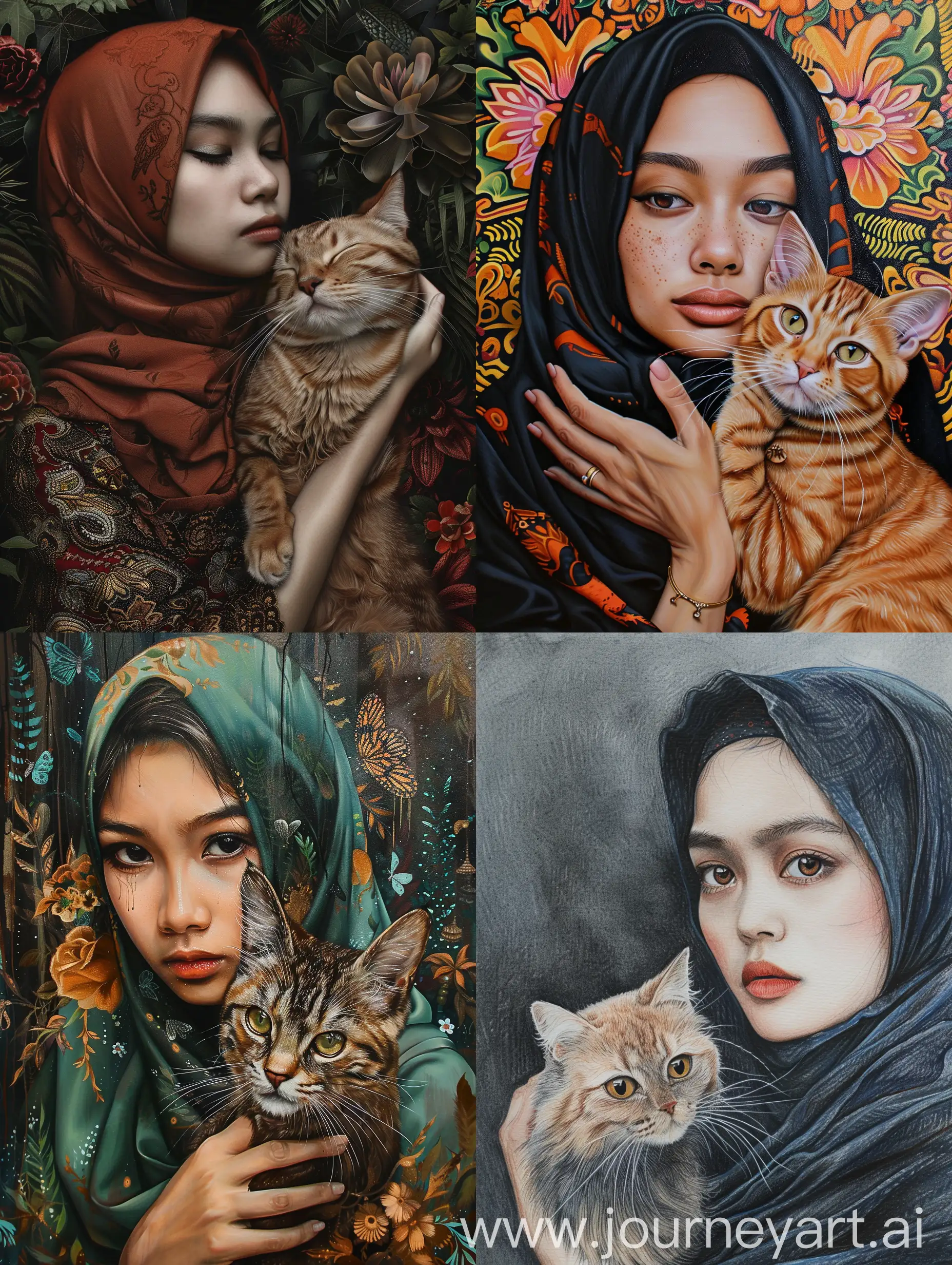 Wanita hijab cantik Indonesia berusia 25 tahun dan kucing lucu, potret fotorealistik, avoca punk. Real