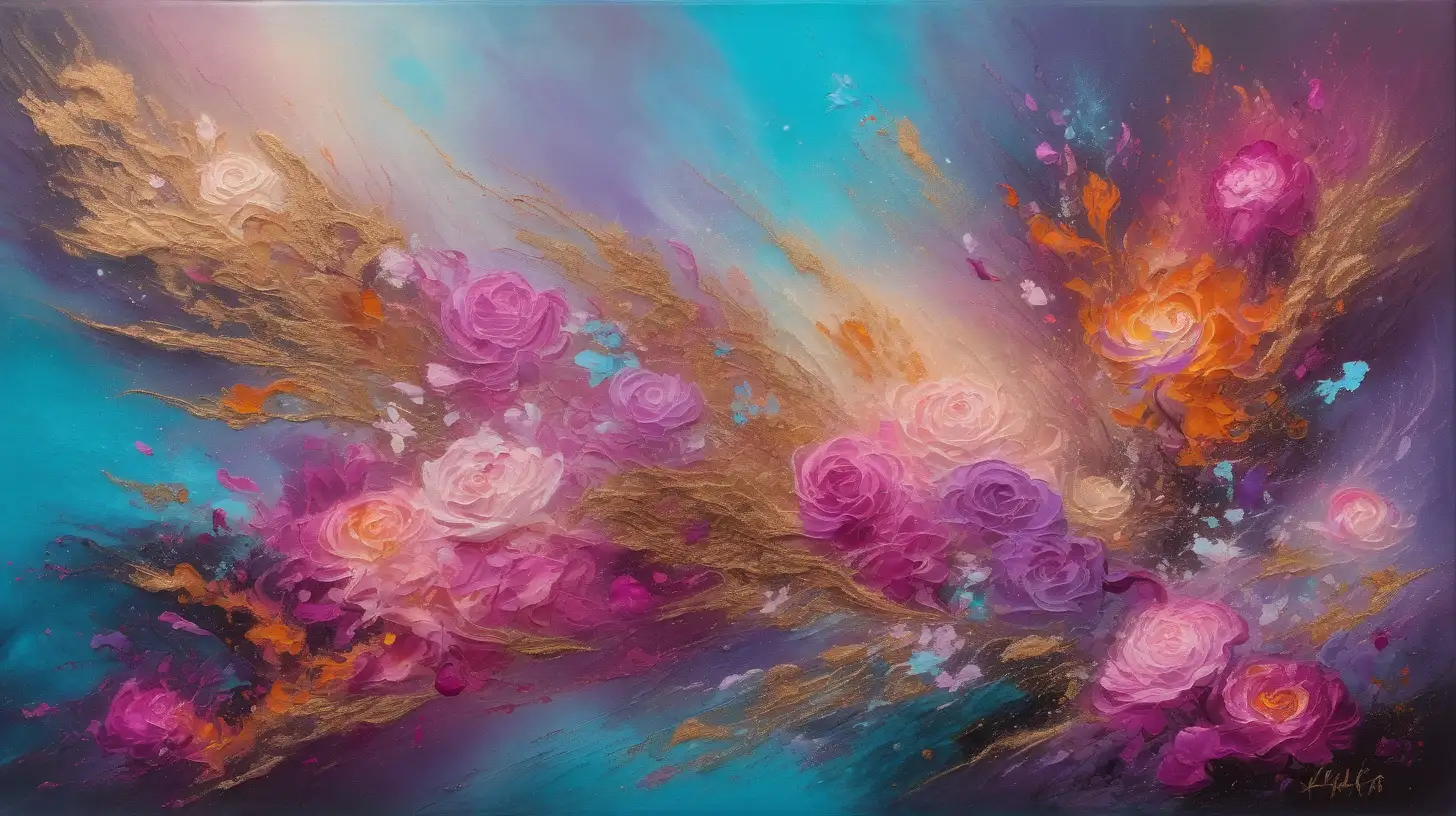 textured oil painting of abstract art of florescent Orange (#FFA500) and Pinks and golden-magentas in golden dust and a magical turquoise glow with luminescent  magenta small-roses, lilac-fire petals among galaxies.