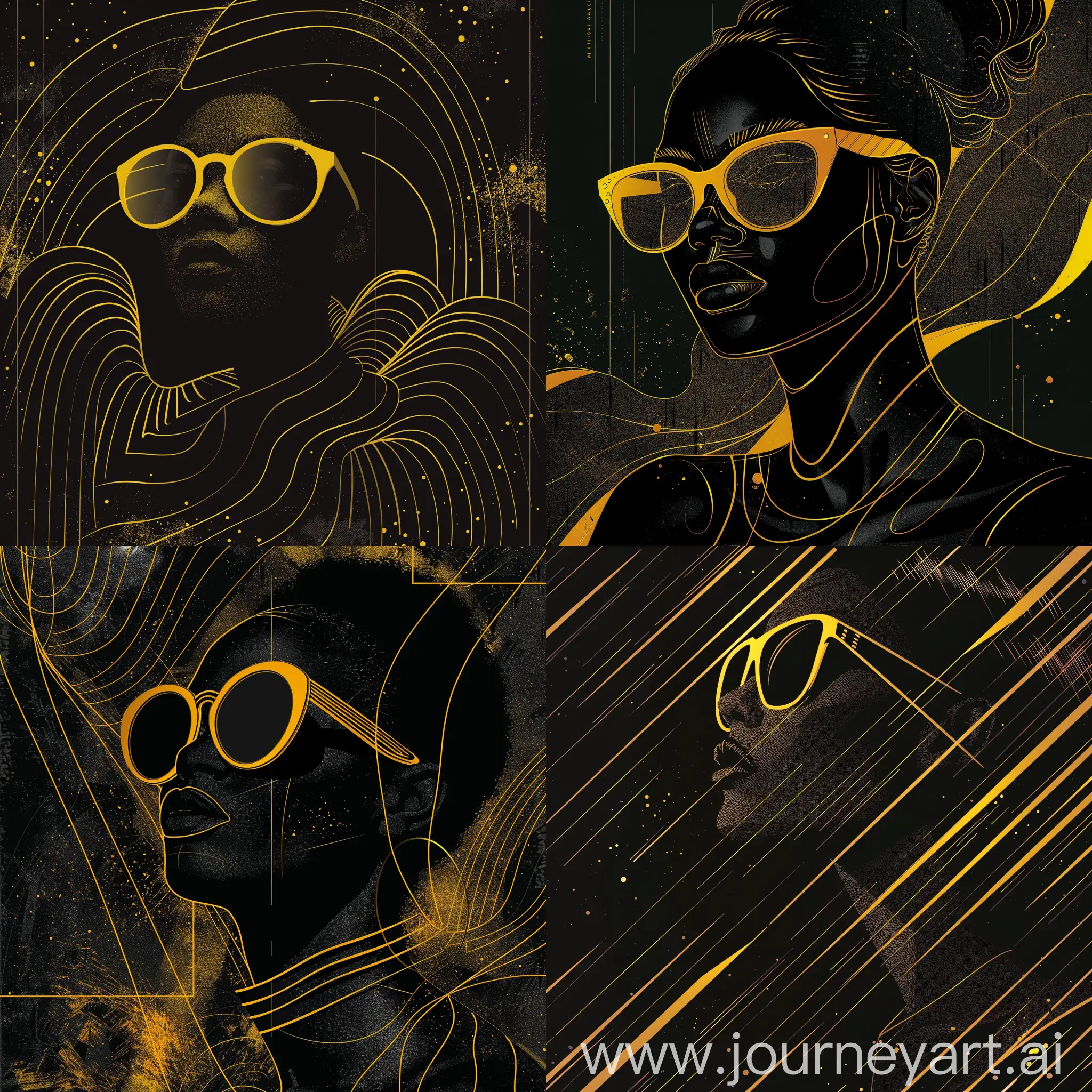 Black woman with yellow sunglasses, golden lines on a dark background, vector illustration in the style of Masaaki Sasamoto and Atey Ghailan, bold shapes, high contrast, dark gold color palette, yellow accents, surreal atmosphere, digital art techniques, detailed linework, atmospheric perspective, poster design, cinematic composition, dark and gritty style